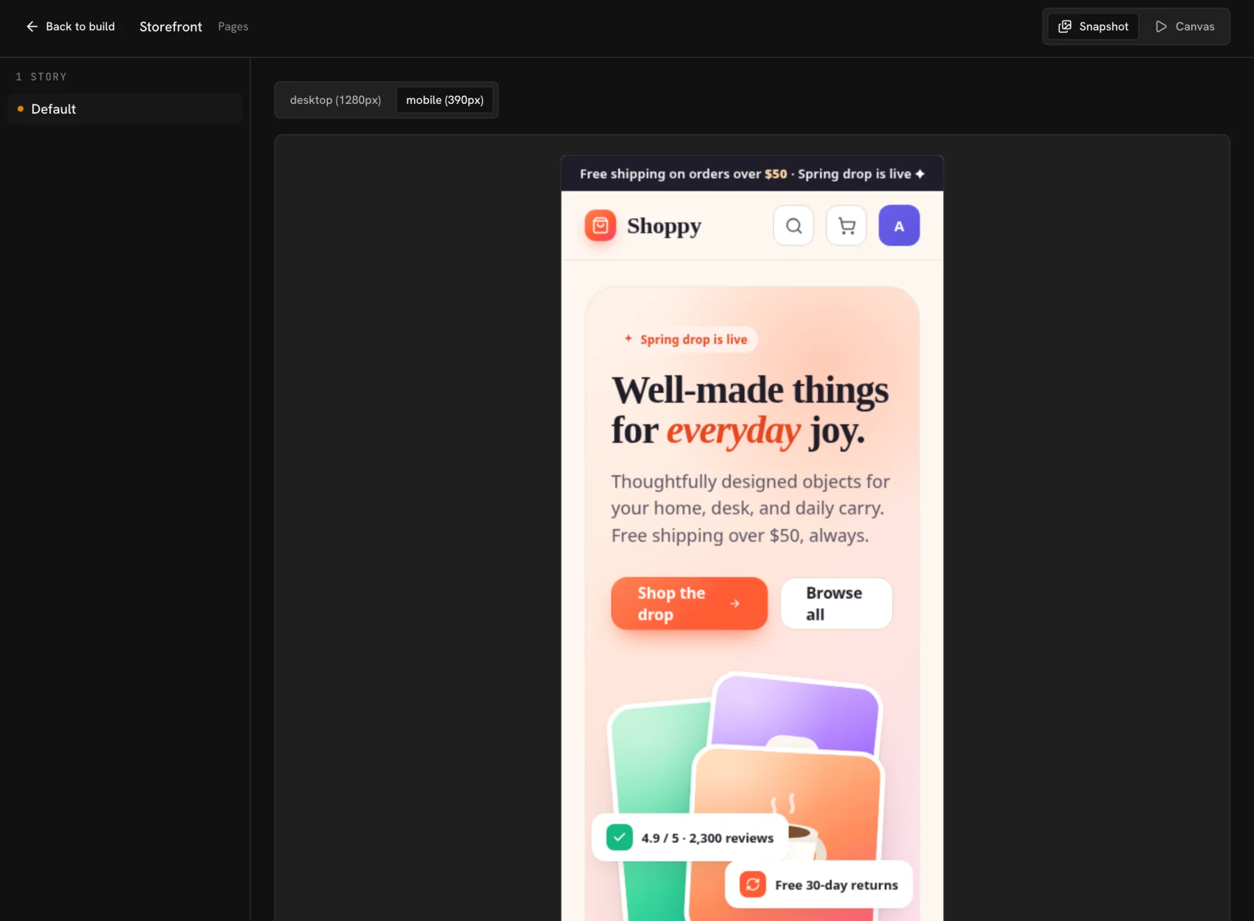The UI Verify component page for a demo storefront story with two tabs, desktop (1280px) and mobile (390px); the mobile tab is selected and shows the phone-width snapshot, where the Shop the drop button wraps onto two lines.