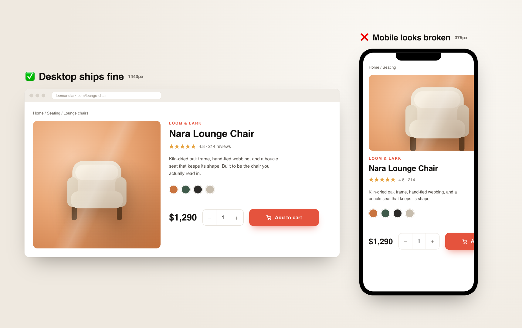 A furniture store product page for a lounge chair shown at two widths side by side. At 1440px on desktop the layout is correct, with the Add to cart button beside the price. At 375px on mobile the product image and the Add to cart button overflow off the right edge of the screen, so the primary button is unreachable.