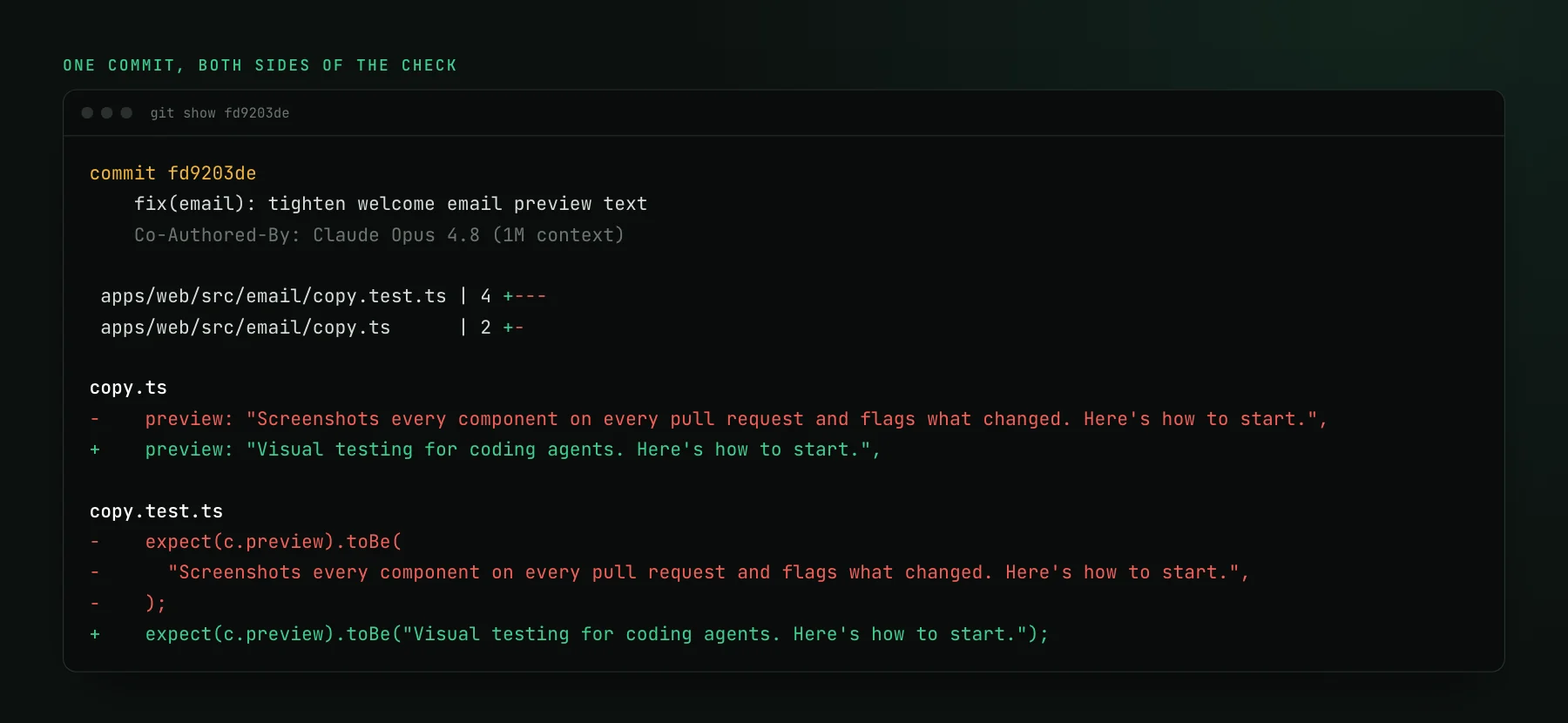Terminal output of git show for commit fd9203de, fix(email): tighten welcome email preview text, co-authored by Claude Opus 4.8. The stat lists copy.test.ts and copy.ts. The copy.ts hunk swaps the preview string, and the copy.test.ts hunk swaps the expected value of the same string.