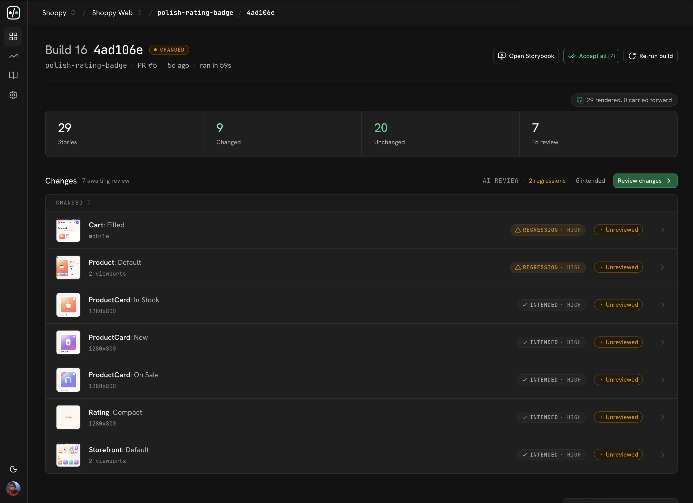 A UI Verify build dashboard: 29 stories, 9 changed, and an AI review splitting the changes into 2 regressions and 5 intended, each changed story tagged regression or intended with a confidence.