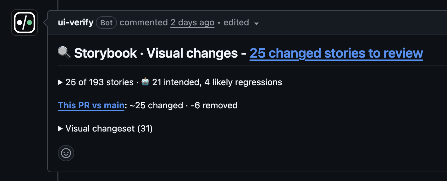 A GitHub pull request comment from the ui-verify bot: Storybook visual changes, 25 changed stories to review, 21 intended and 4 likely regressions, with a link to the visual changeset.