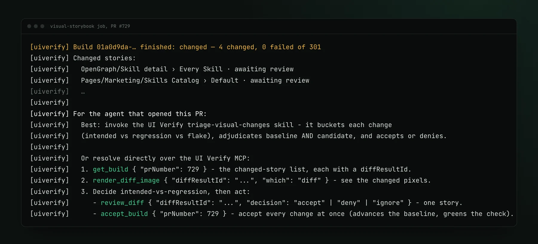 CI log from a pull request with 4 changed stories: after listing them, the uiverify CLI prints instructions for the agent that opened the PR, pointing to the triage-visual-changes skill or the MCP tools get_build, render_diff_image, review_diff and accept_build.