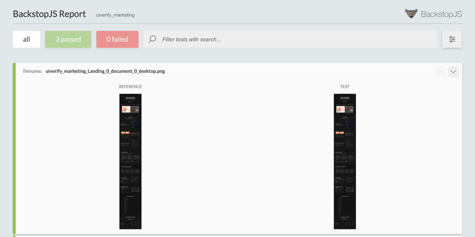 A BackstopJS HTML report titled uiverify_marketing: 3 passed, 0 failed, with the landing page scenario shown as reference and test thumbnails side by side.