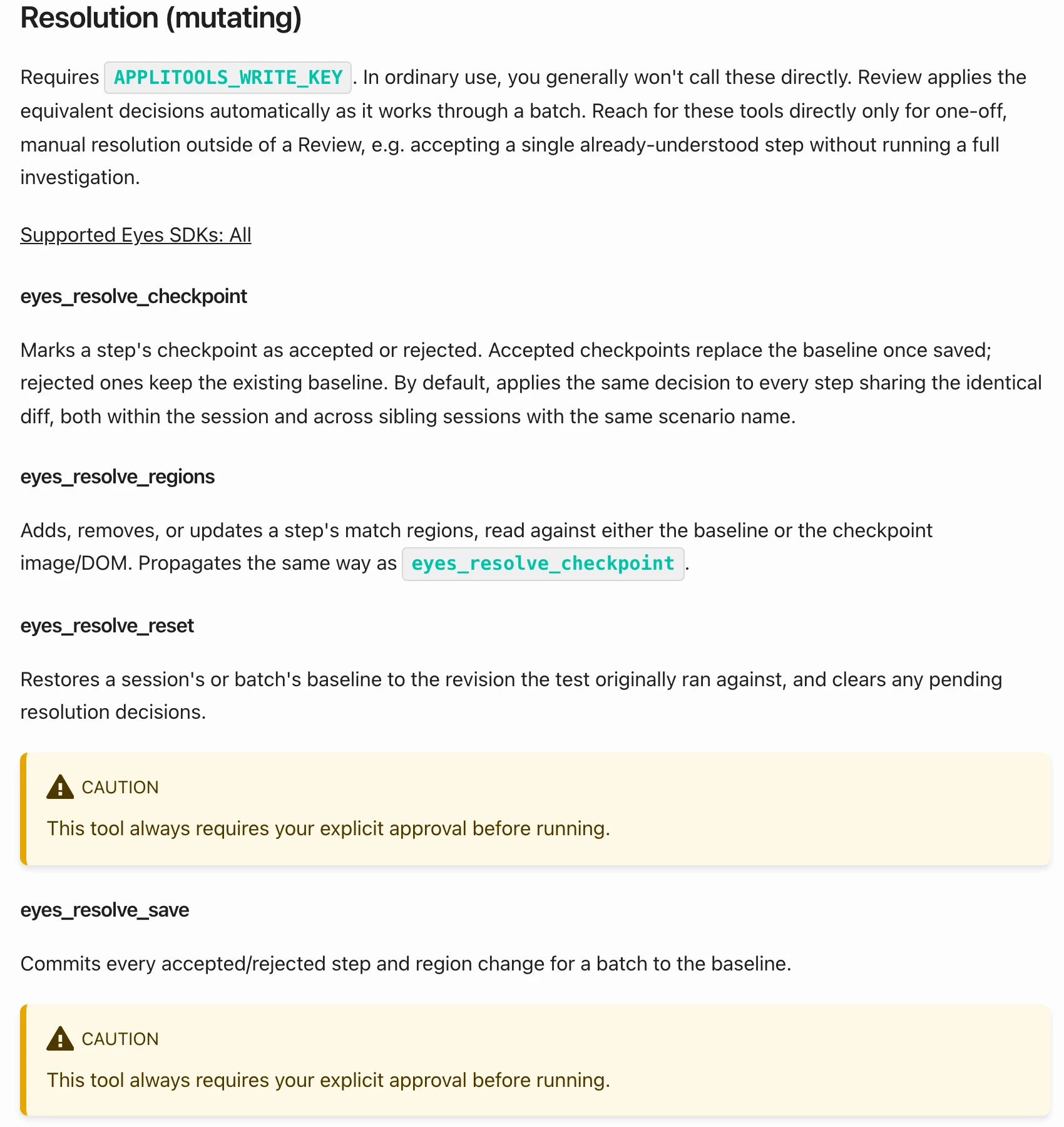 The Resolution (mutating) section of the Applitools MCP Server docs: it requires APPLITOOLS_WRITE_KEY and lists eyes_resolve_checkpoint to accept or reject a checkpoint, eyes_resolve_regions, eyes_resolve_reset, and eyes_resolve_save, each with a caution that it requires your explicit approval.