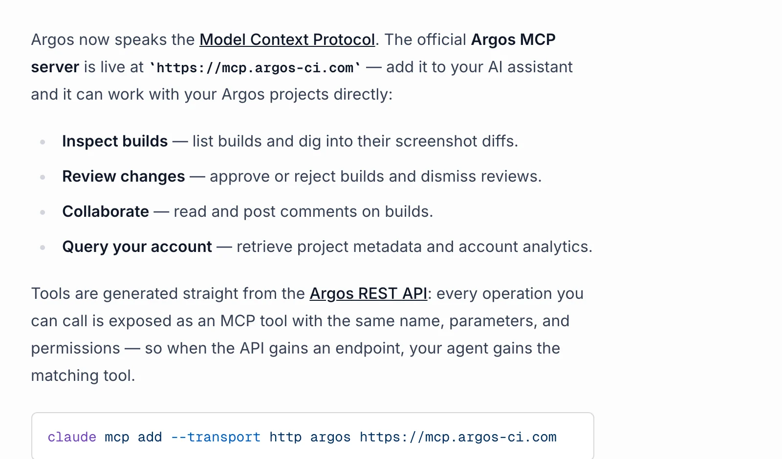 The Argos changelog entry announcing the official Argos MCP server at mcp.argos-ci.com, listing inspect builds, review changes by approving or rejecting builds, collaborate on comments, and query your account, with a claude mcp add command.