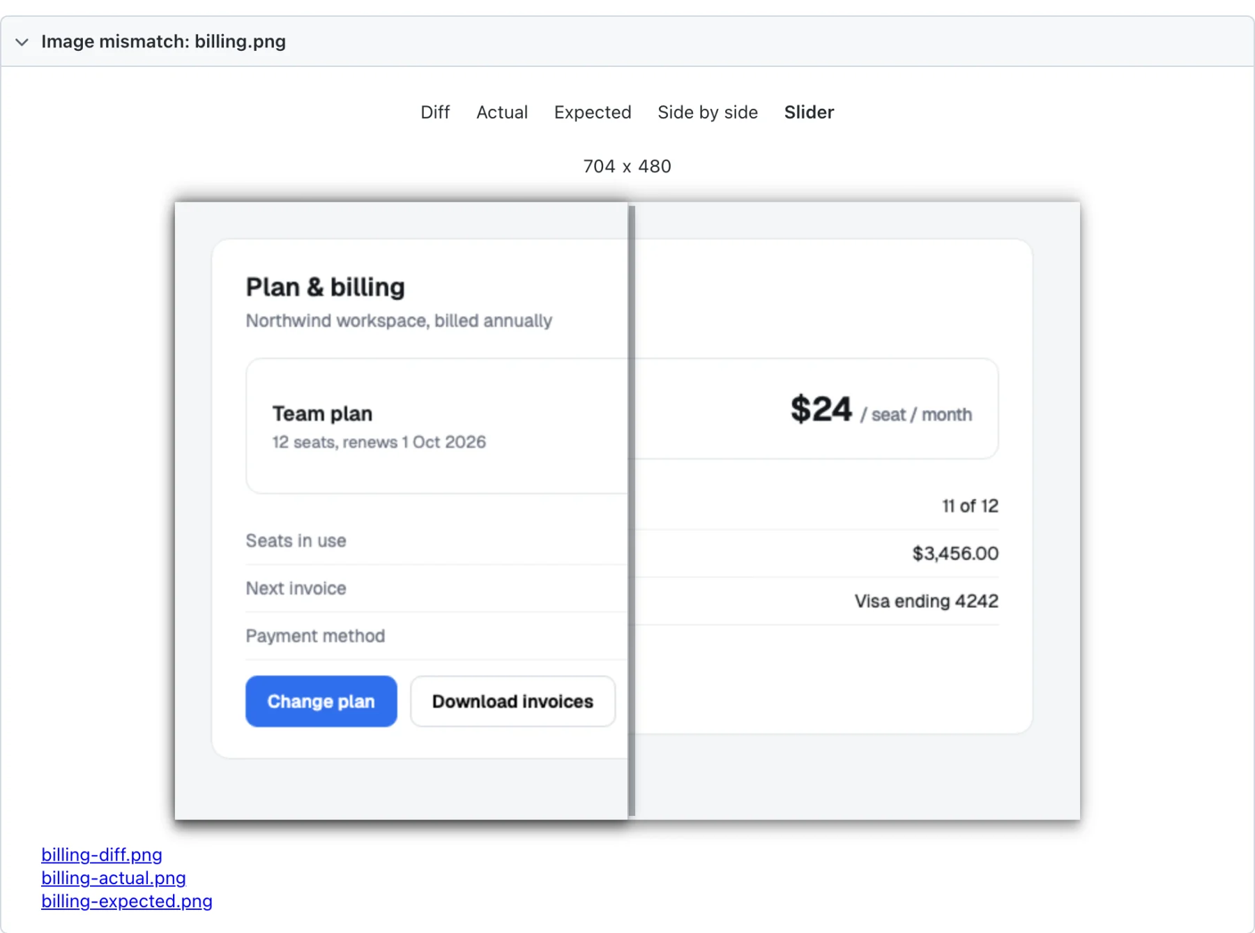 The Playwright HTML report for billing.png in Slider mode, with the expected billing page on the left and the actual page on the right, where the price reads $24 / seat / on one line and month on the next.