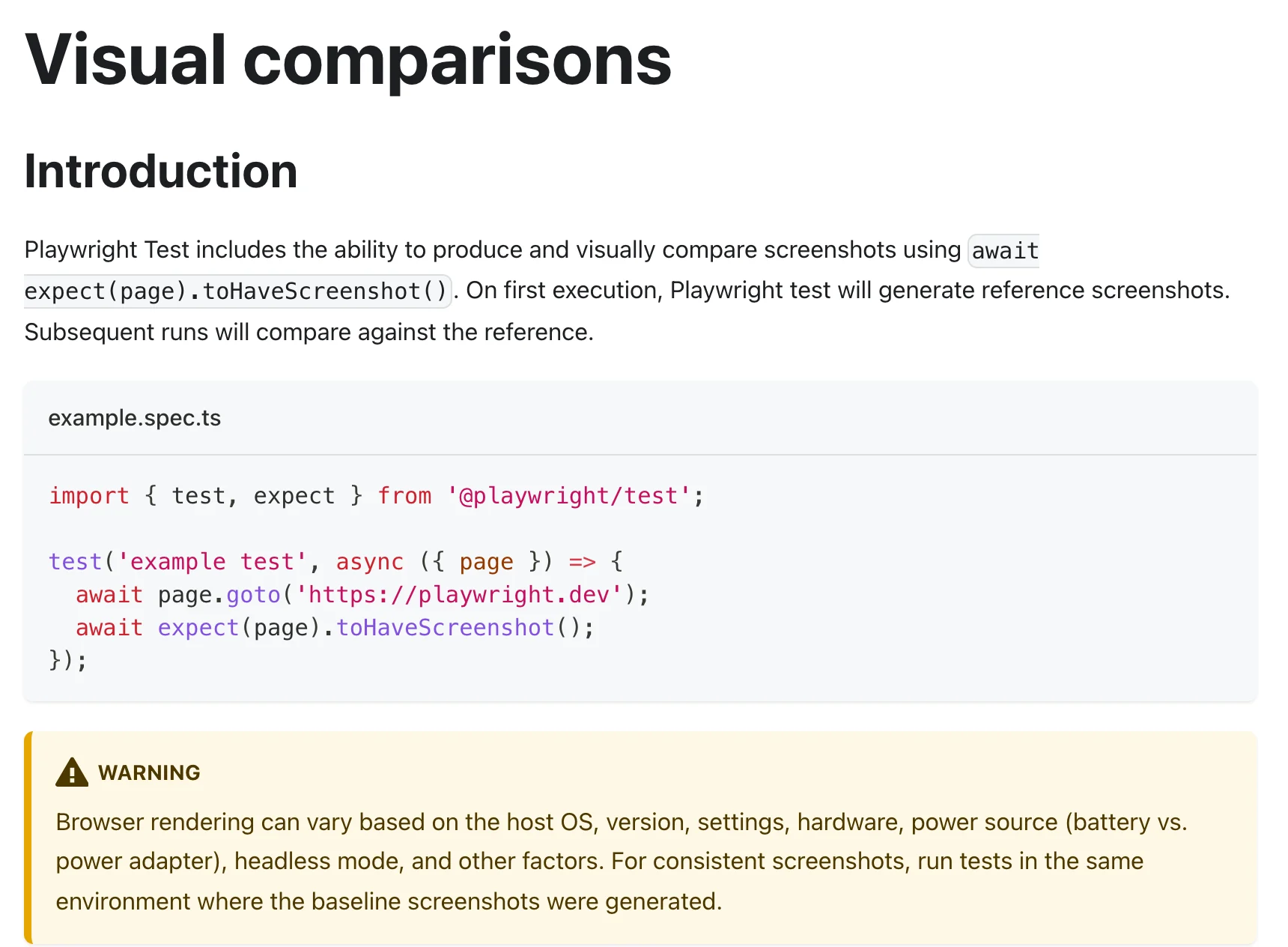 The Playwright Visual comparisons docs page: an example test calling expect(page).toHaveScreenshot(), and a warning that browser rendering can vary based on the host OS, version, settings, hardware, power source, and headless mode.