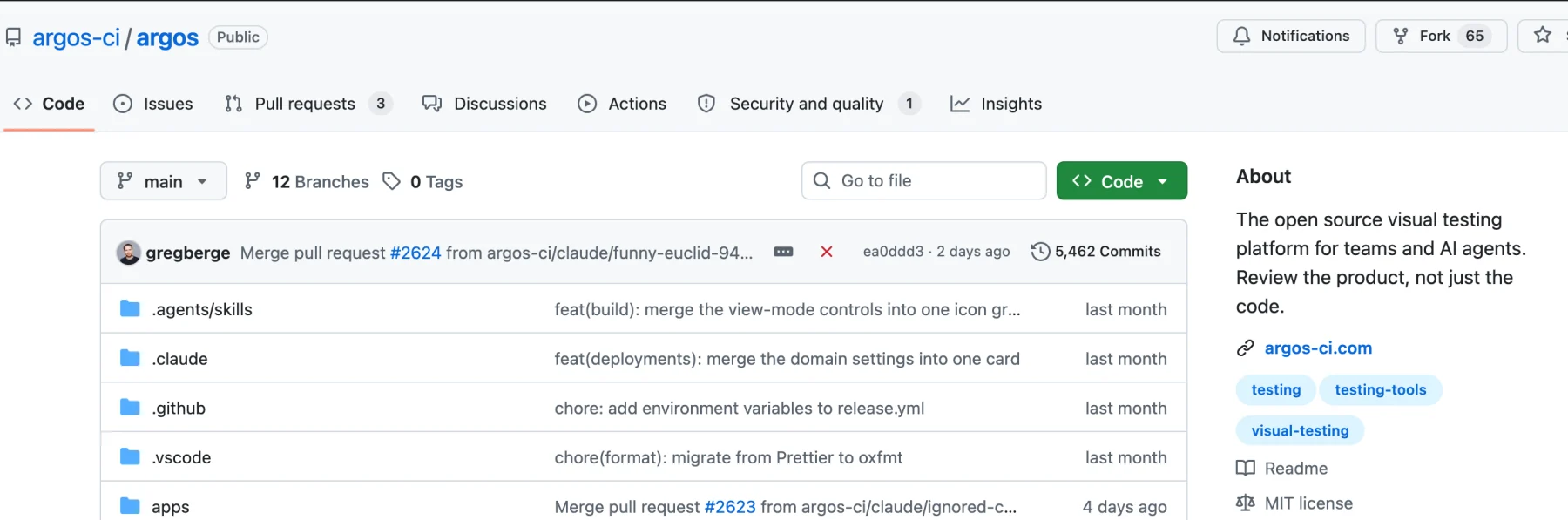 The argos-ci/argos GitHub repository: public, MIT license, 5,462 commits, the latest merged two days earlier, described as the open source visual testing platform for teams and AI agents.