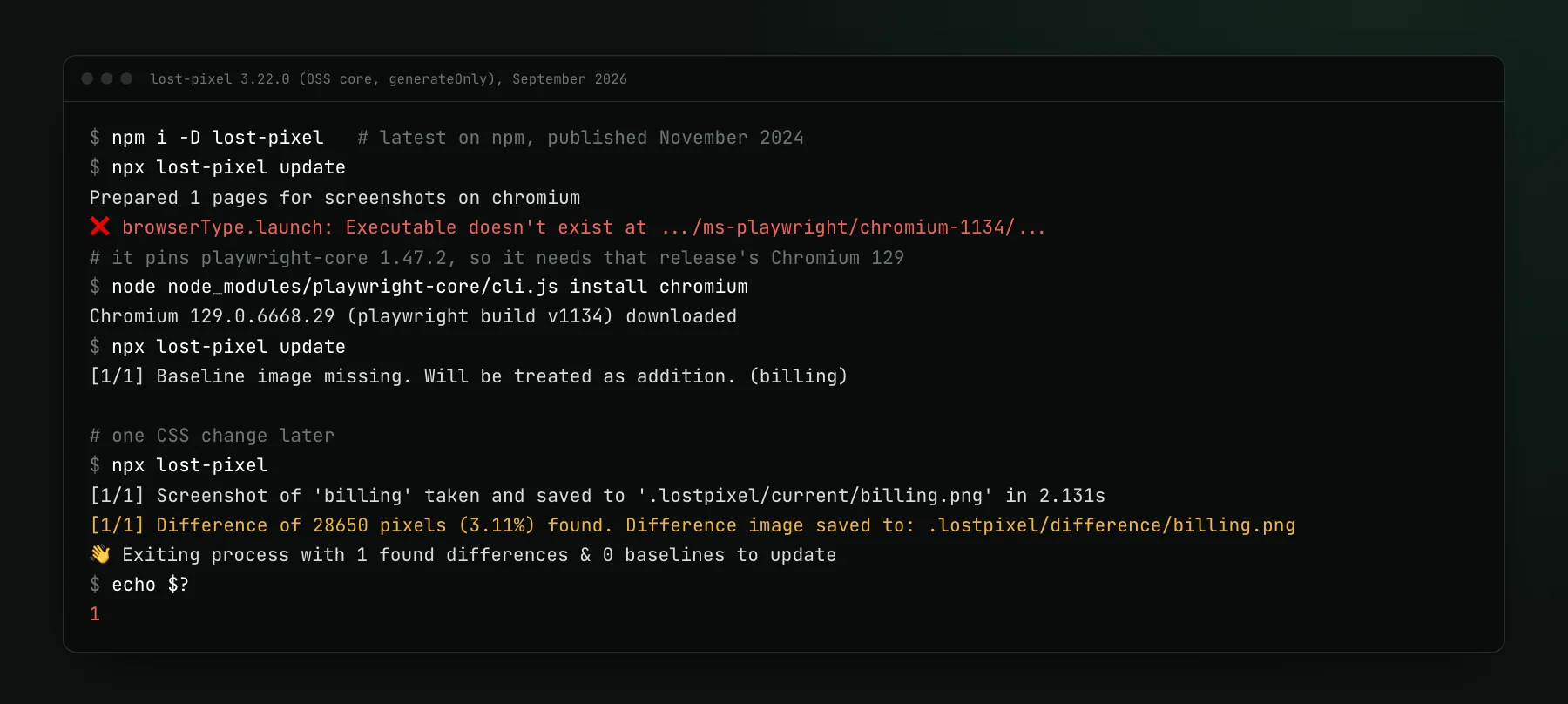 A terminal running lost-pixel 3.22.0: the first run fails because the pinned Playwright Chromium build is missing, Chromium 129 is installed, a baseline is recorded, and after one CSS change the run reports a difference of 28650 pixels (3.11%) and exits with code 1.