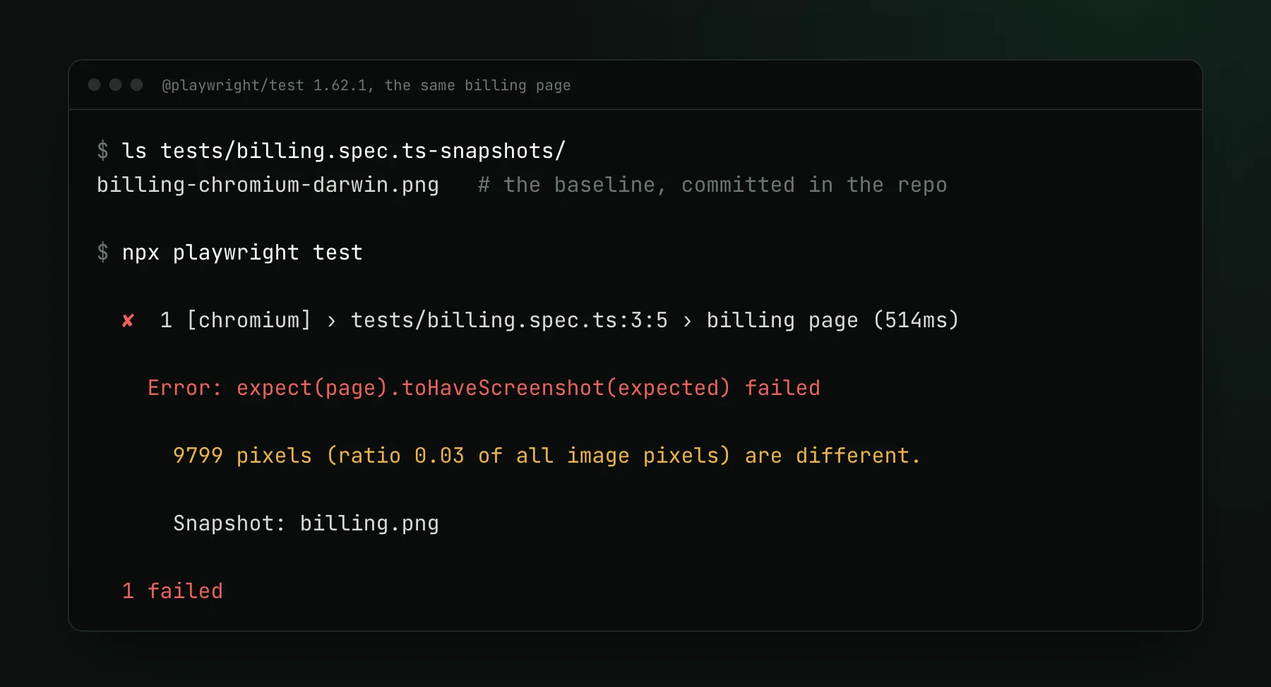 A terminal: the snapshots folder holds billing-chromium-darwin.png committed in the repo, and npx playwright test fails with toHaveScreenshot reporting 9799 pixels, ratio 0.03, different.