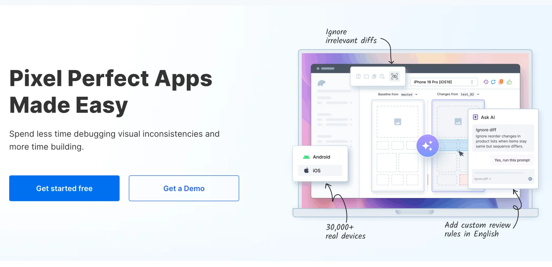 The App Percy product page headed Pixel Perfect Apps Made Easy, with an illustration of a baseline-versus-changes review on an iPhone 16 Pro, an Android and iOS picker, and callouts for 30,000+ real devices and custom review rules in English.