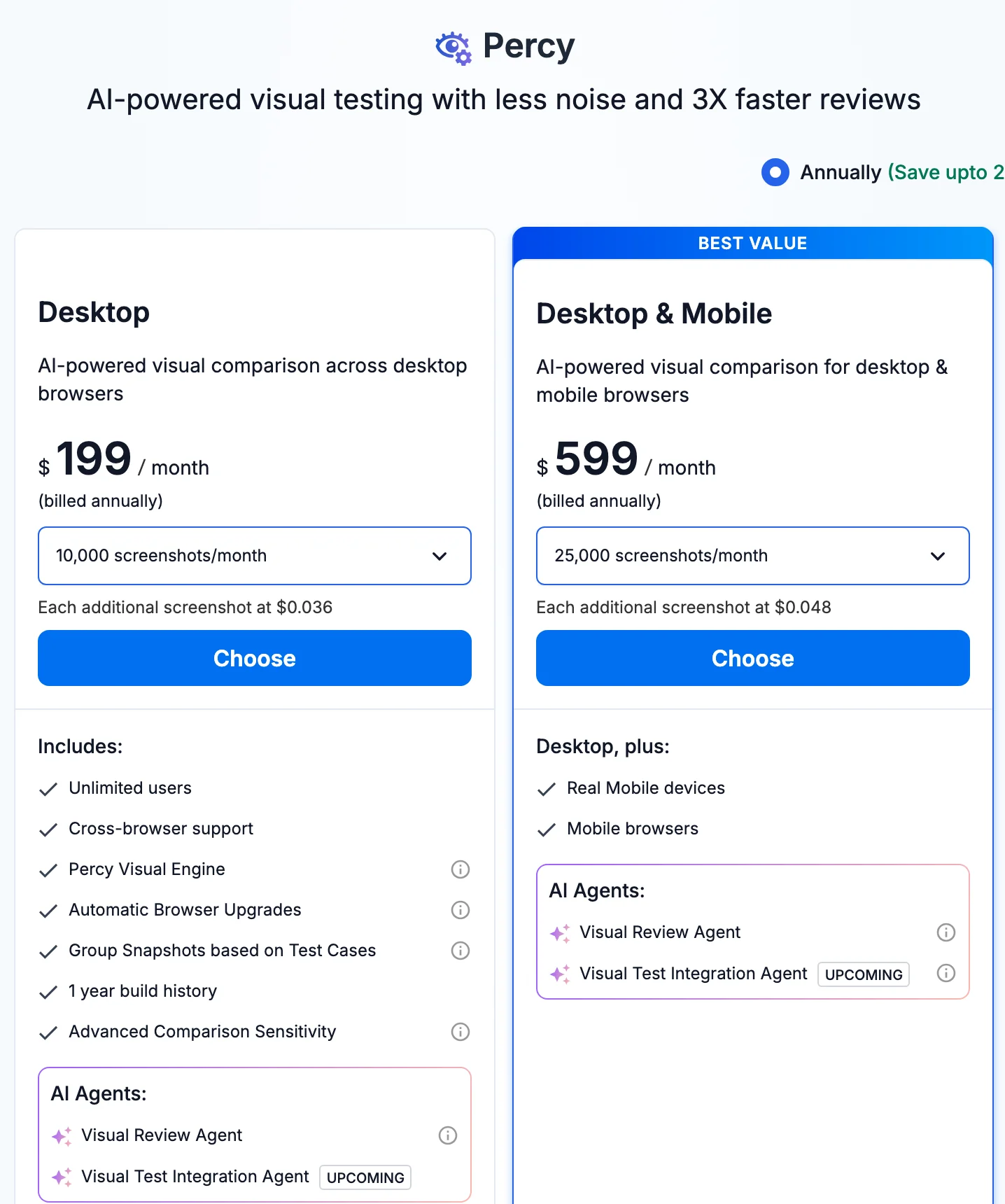 The Percy plans on BrowserStack's pricing page: Desktop at $199 a month billed annually for 10,000 screenshots with extra screenshots at $0.036, and Desktop and Mobile at $599 a month for 25,000 screenshots at $0.048, both listing the Visual Review Agent.