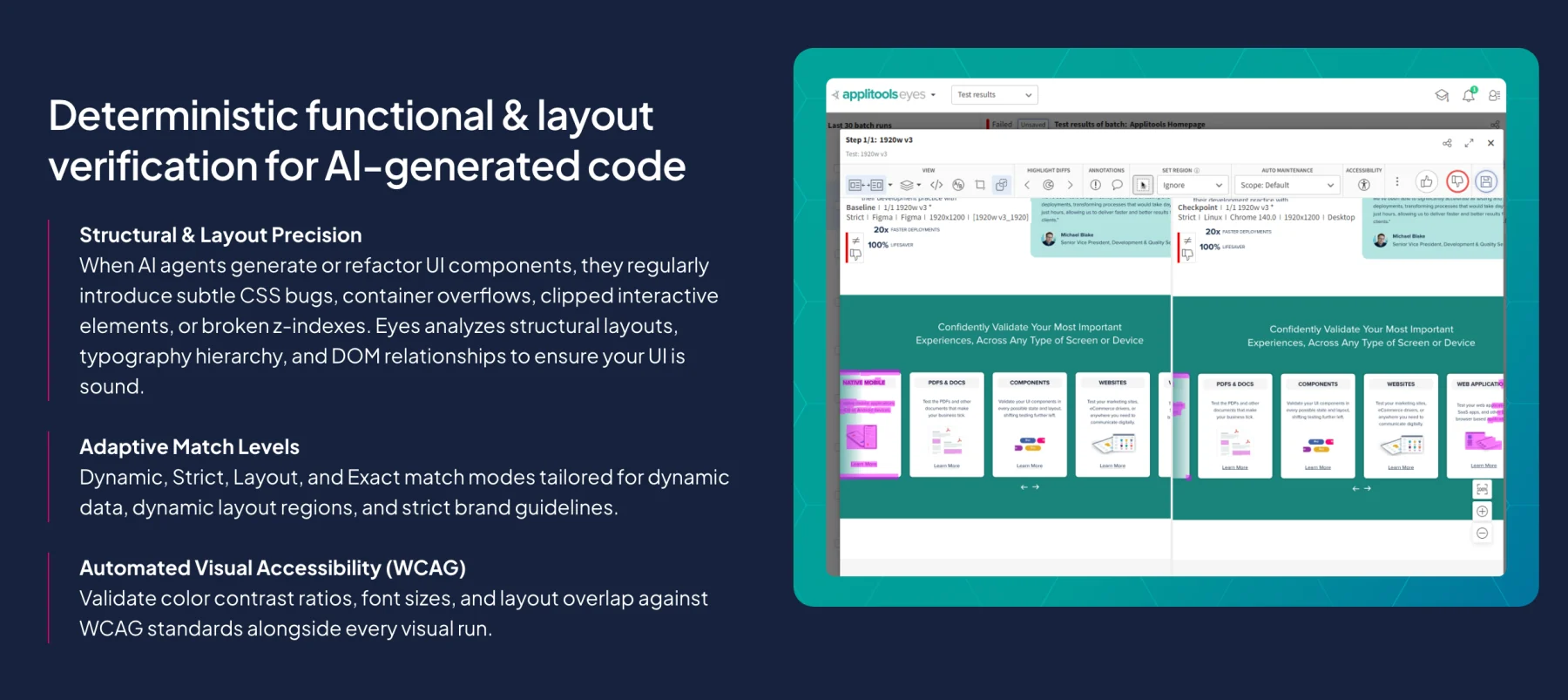 The Applitools Eyes product page listing structural and layout precision, adaptive match levels (Dynamic, Strict, Layout, and Exact), and automated WCAG checks, beside a screenshot of the Eyes baseline-versus-checkpoint view.