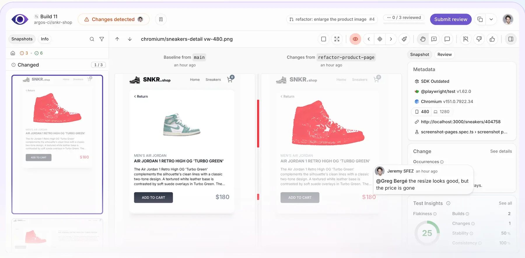 The Argos build review screen for a sneaker product page: baseline from main next to changes from a refactor branch, a reviewer comment that the price is gone, and a metadata panel naming @playwright/test and the Chromium version.
