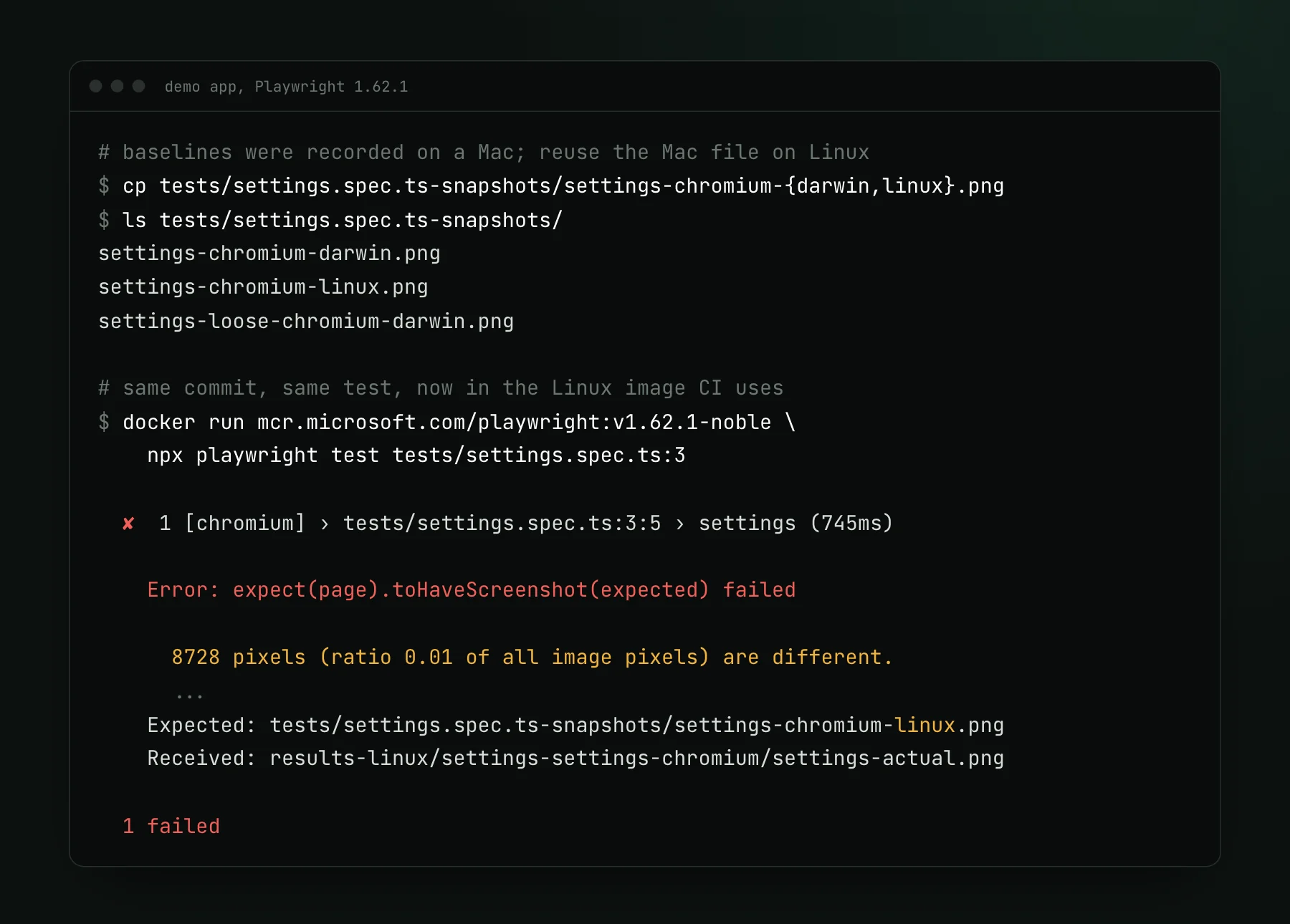 A terminal: the snapshots folder holds settings-chromium-darwin.png and settings-chromium-linux.png, and a run in the Playwright Linux Docker image fails with 8728 pixels different against the Linux baseline.