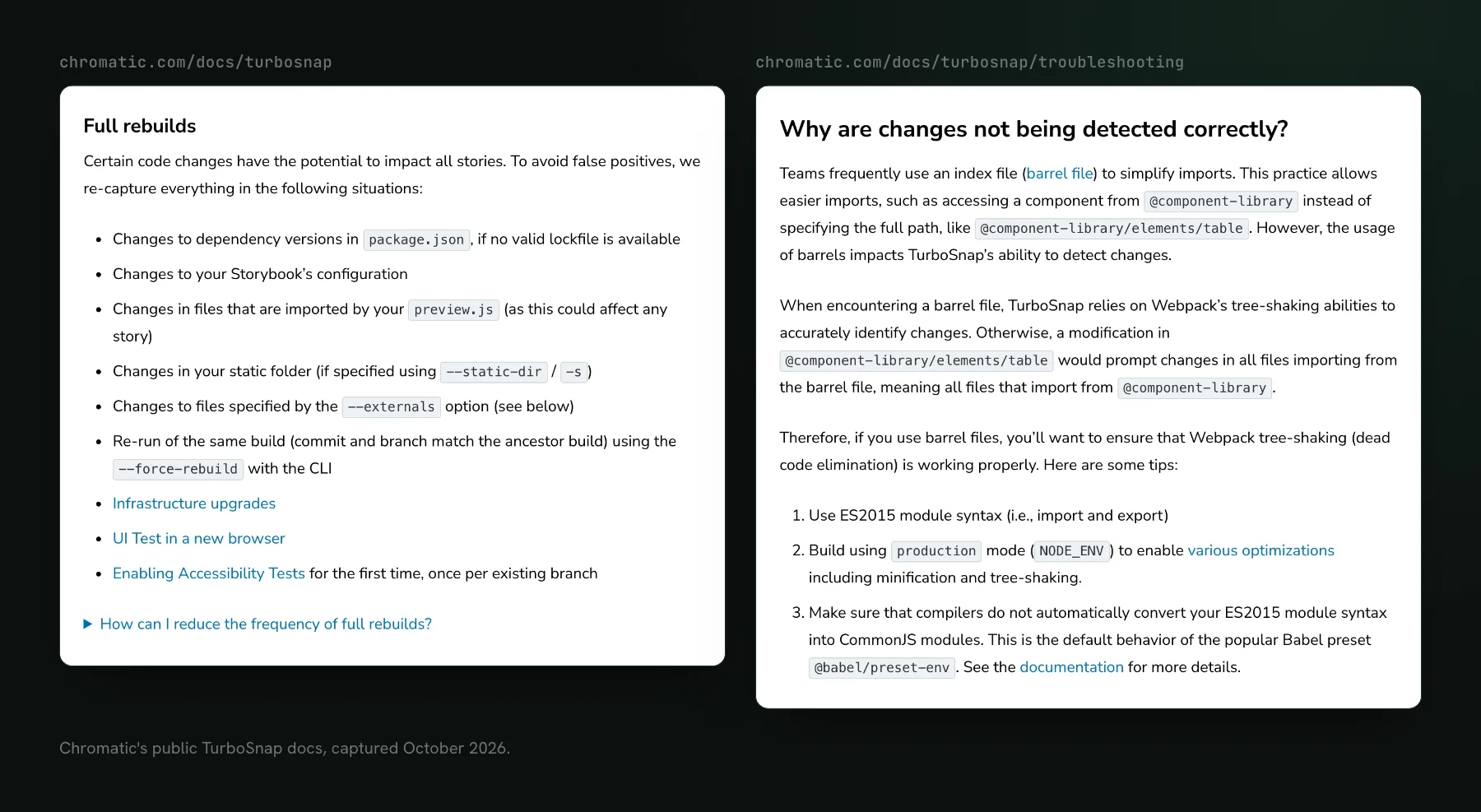 Two sections of Chromatic's TurboSnap documentation: the Full rebuilds list of situations that re-capture every story, and the troubleshooting answer explaining that barrel files make a change in one module mark every importer of the barrel as changed.