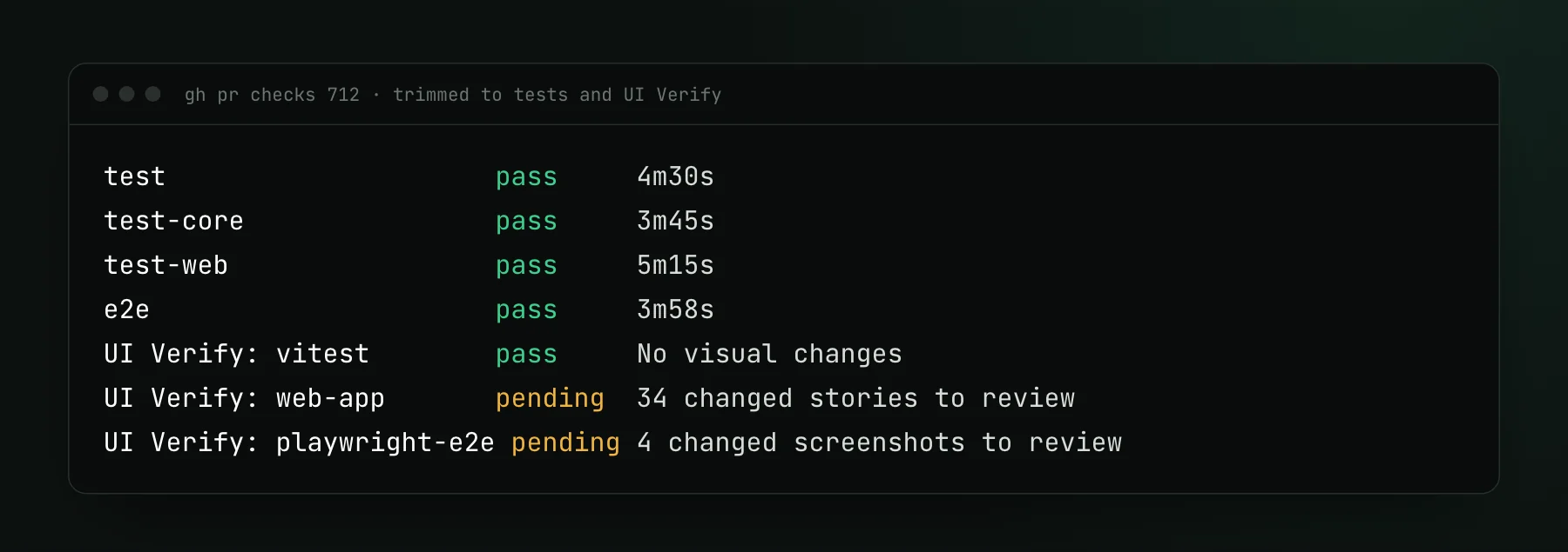 Terminal output of gh pr checks for PR 712: test, test-core, test-web and e2e pass, UI Verify vitest passes, and UI Verify web-app and playwright-e2e are pending with changed captures to review.