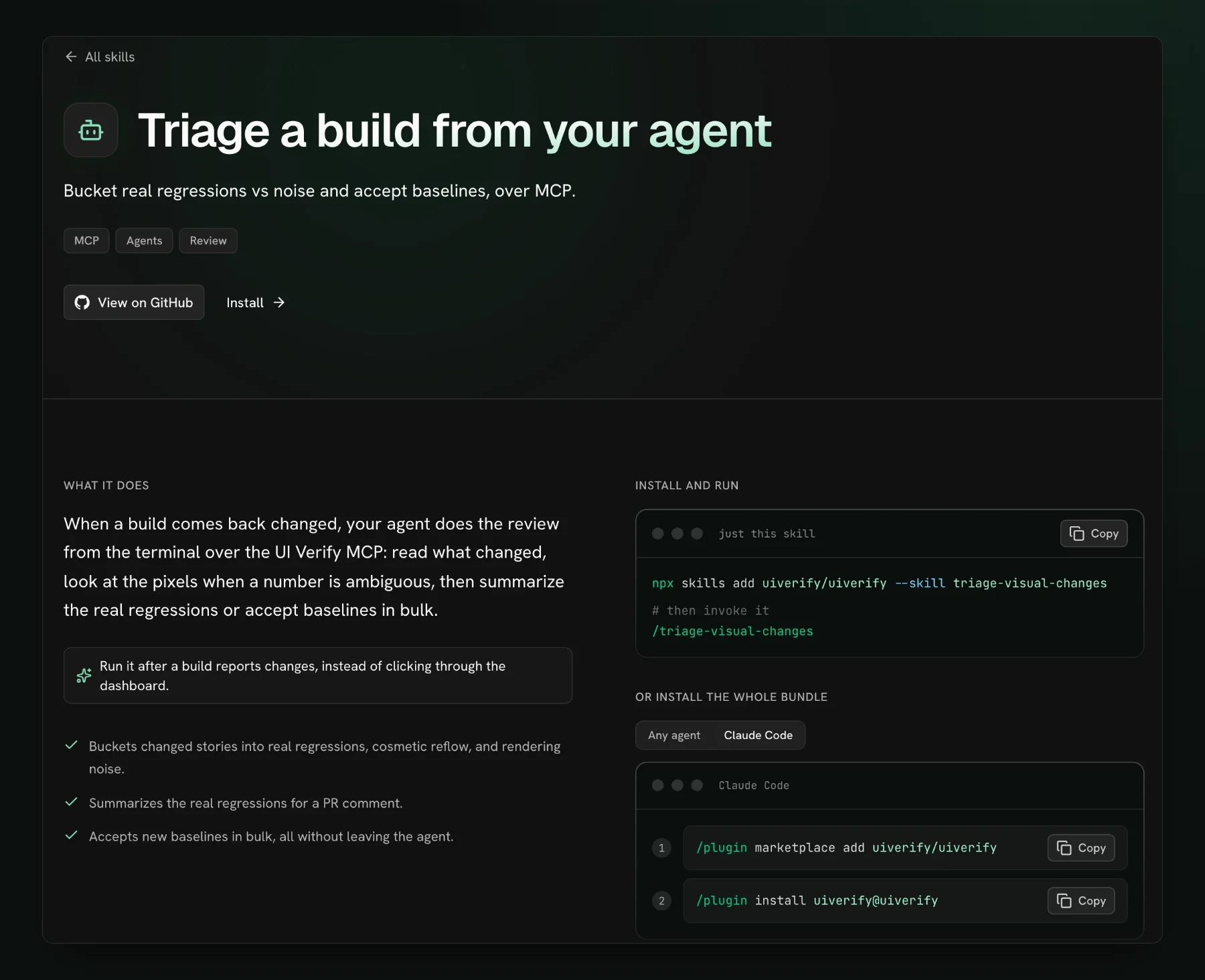 The triage-visual-changes skill page on uiverify.ai: what the skill does on the left, and on the right the install commands, including the two Claude Code plugin commands.