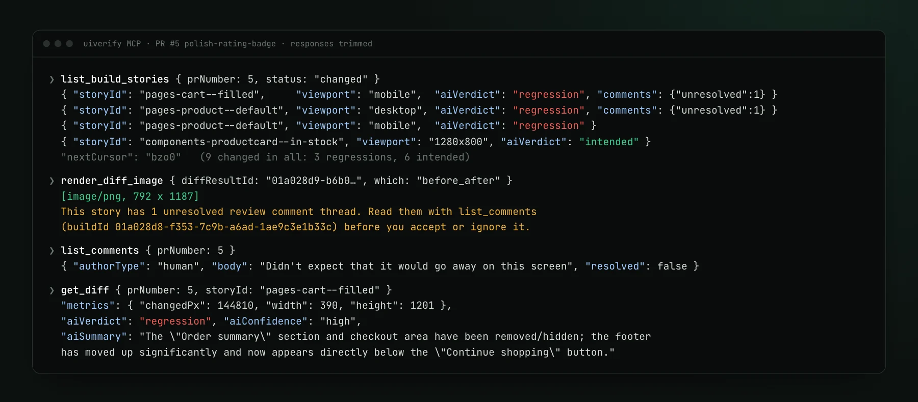 Terminal output of four UI Verify MCP calls: list_build_stories returning three regressions and an intended change, render_diff_image returning an image plus a note about an unresolved comment, list_comments returning the human note, and get_diff returning the regression verdict for the cart page.