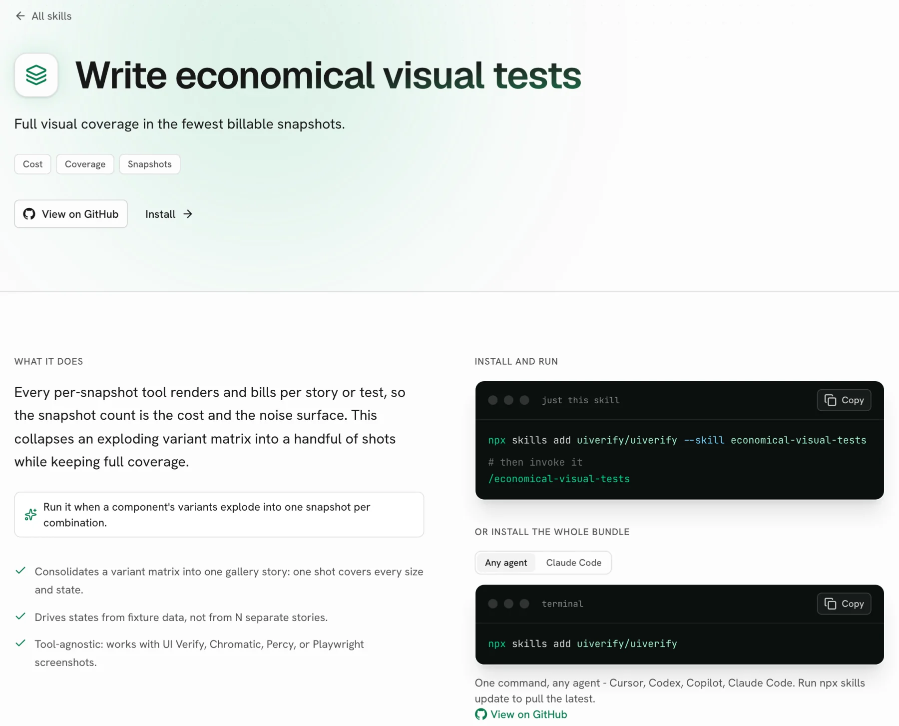 The Write economical visual tests skill page: what it does, a note to run it when a component's variants explode into one snapshot per combination, and the npx skills add command to install it.