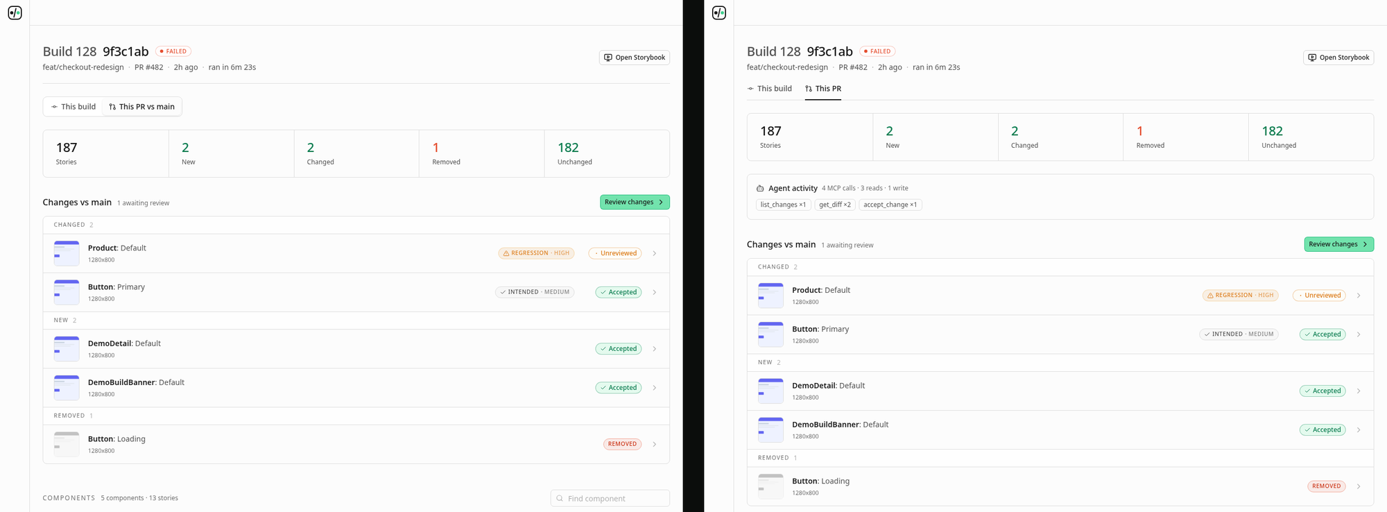 Before and after captures of the UI Verify pull request view: the old layout with a This PR vs main tab and a Changes vs main list, and the redesigned layout with an agent-activity panel and a This PR tab. The change was accepted as the new baseline.