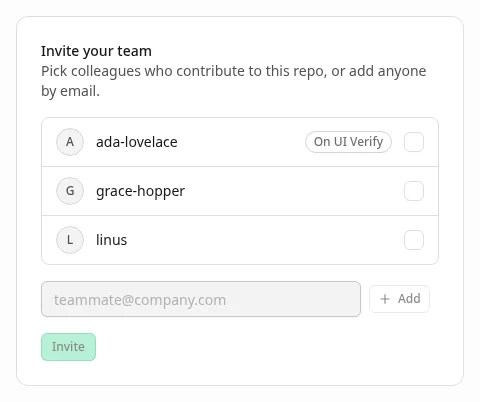 The Invite your team panel from our dashboard's Storybook: a list of repo contributors with checkboxes, ada-lovelace badged On UI Verify, grace-hopper and linus, then an email field reading teammate@company.com with an Add button and an Invite button.