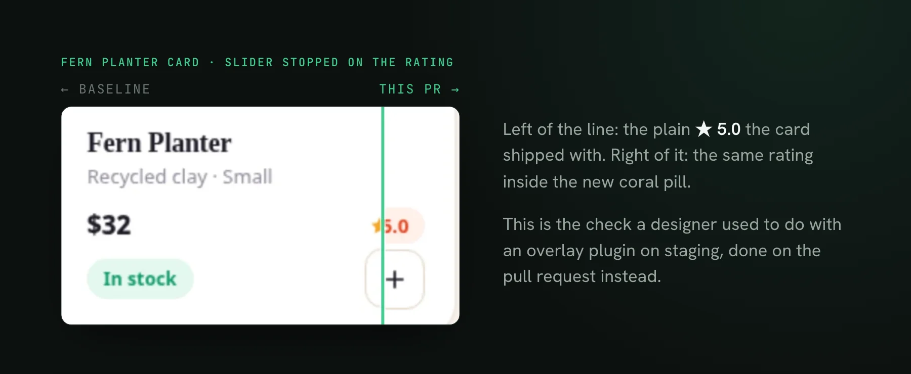 A close crop of the Fern Planter product card from the public demo build in slider view: the green slider line runs through the star rating, so the left part shows the old plain star and the right part shows the new coral pill behind 5.0.