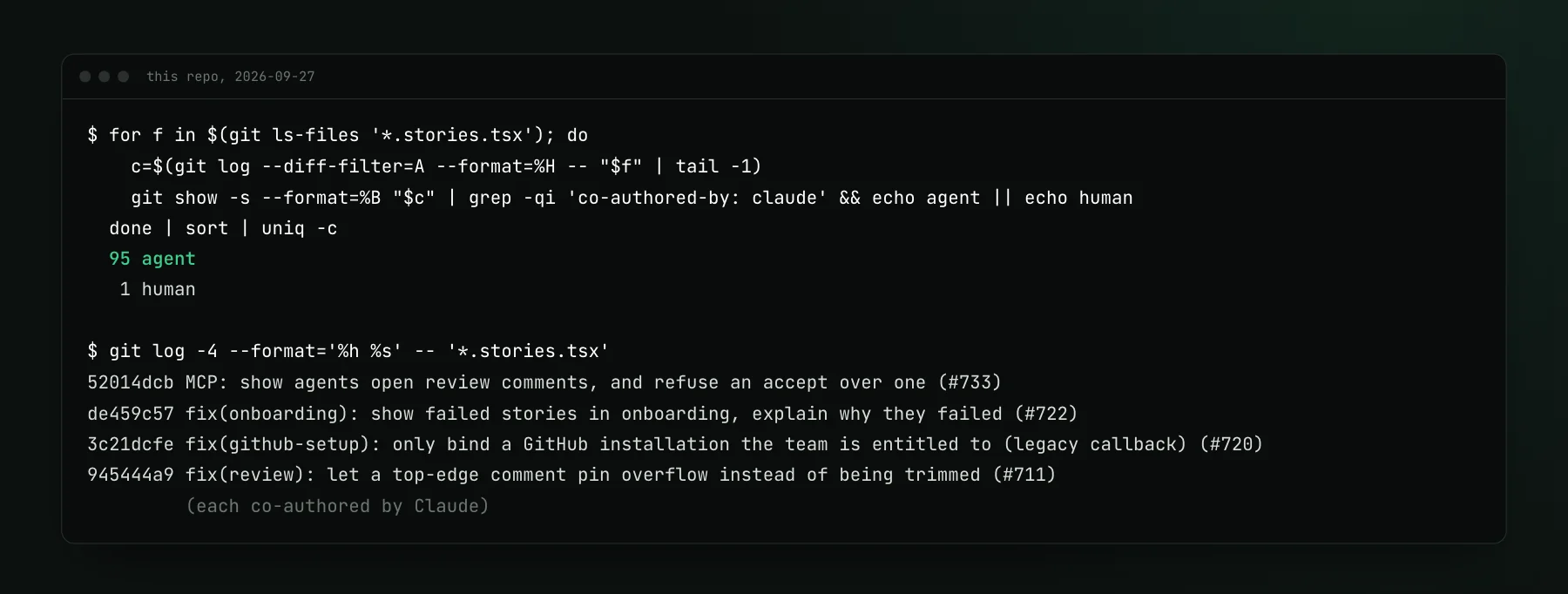 Terminal output from this repo: a loop over every Storybook story file counts 95 files added in a commit co-authored by Claude and 1 without, followed by the four most recent commits touching stories.