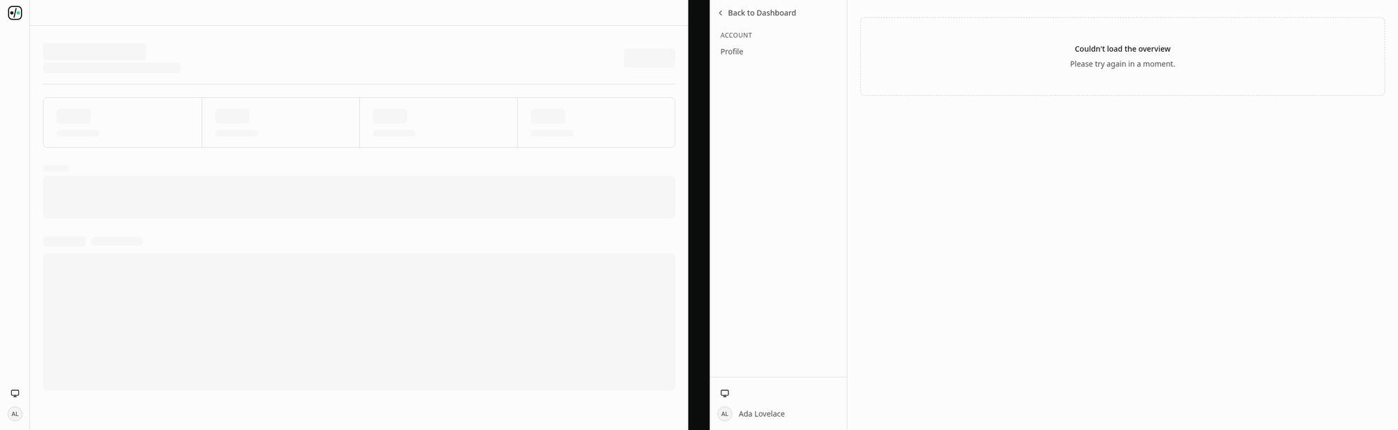 Two captures of the UI Verify dashboard side by side: the build page in its loading state, all skeleton placeholders, and the admin overview in its load-error state, a card reading Couldn't load the overview, please try again in a moment.