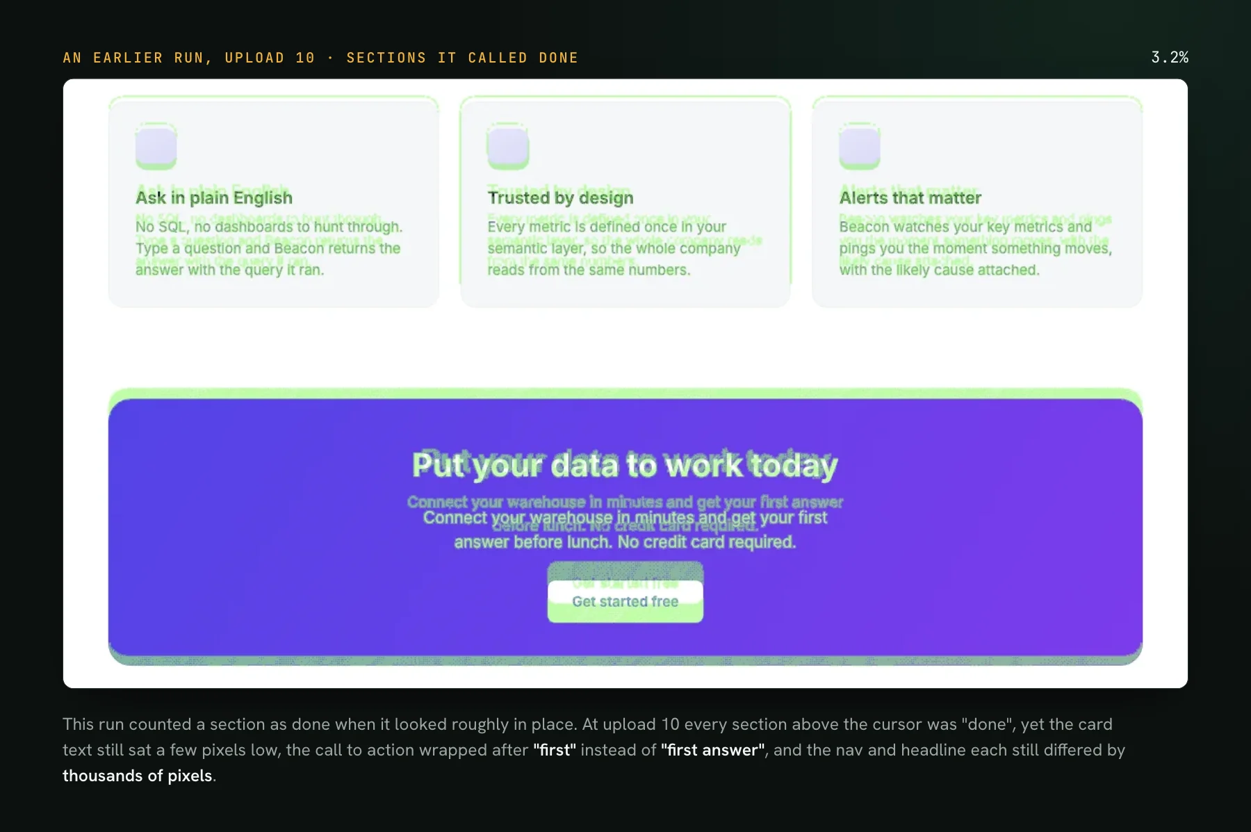 The earlier run's diff at upload 10 over the cards and call to action: card body text drawn twice a few pixels apart, and the call to action's subtitle breaking after first instead of first answer.