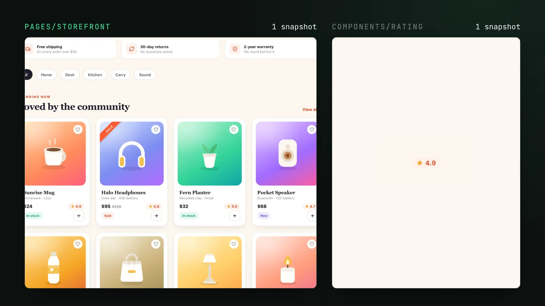 Two Storybook stories side by side, each one snapshot: a whole storefront page with trust badges, category filters and a grid of product cards, and a single star rating badge reading 4.9 on an otherwise empty canvas.