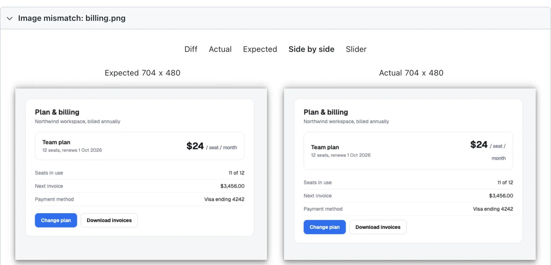 The Playwright HTML report's Image mismatch panel for billing.png in Side by side mode: the expected billing page with the price on one line, and the actual page where month wraps onto a second line.