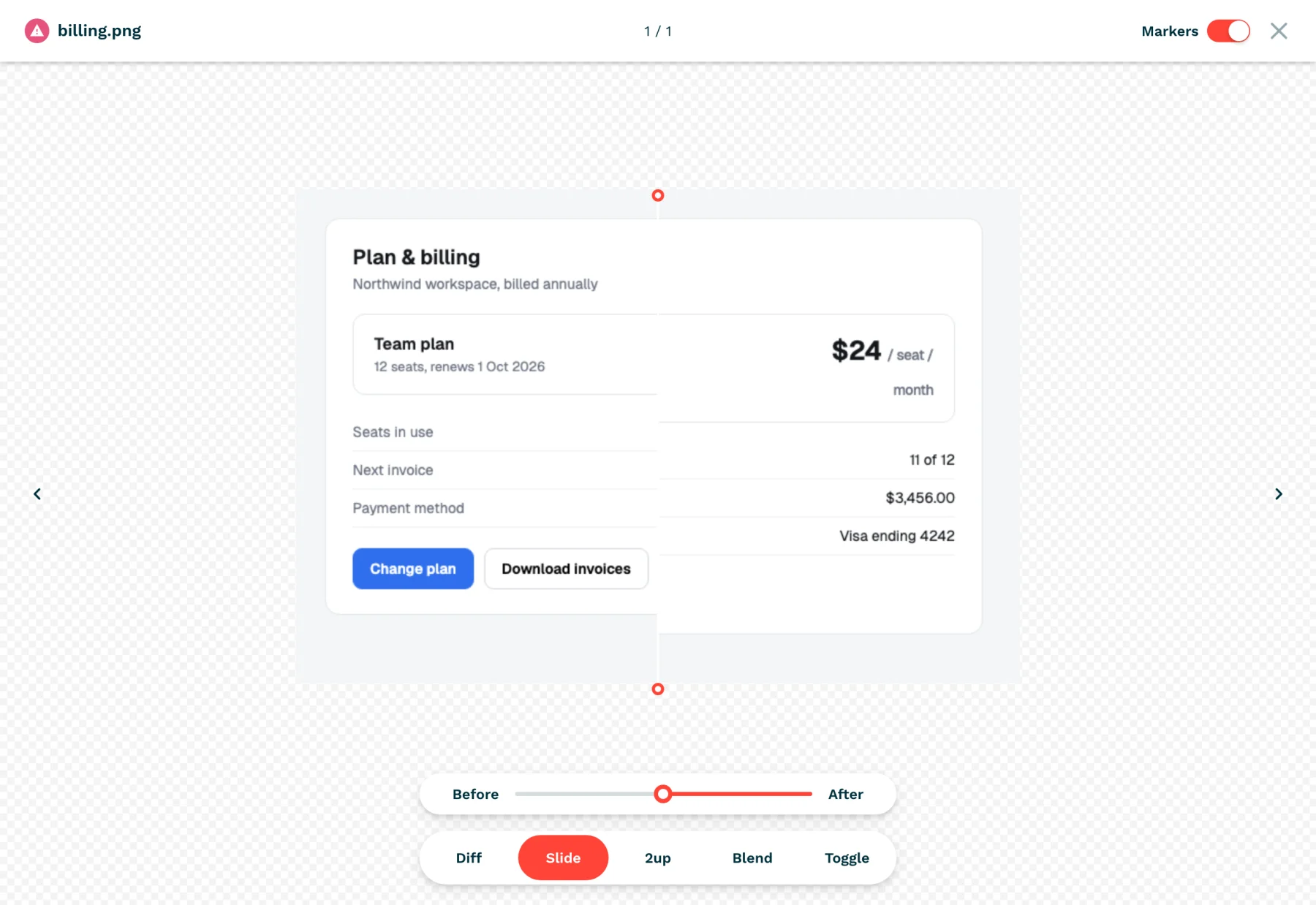 The reg-cli report detail for billing.png in Slide mode, with a before and after slider over the billing page and Diff, Slide, 2up, Blend, and Toggle view options.