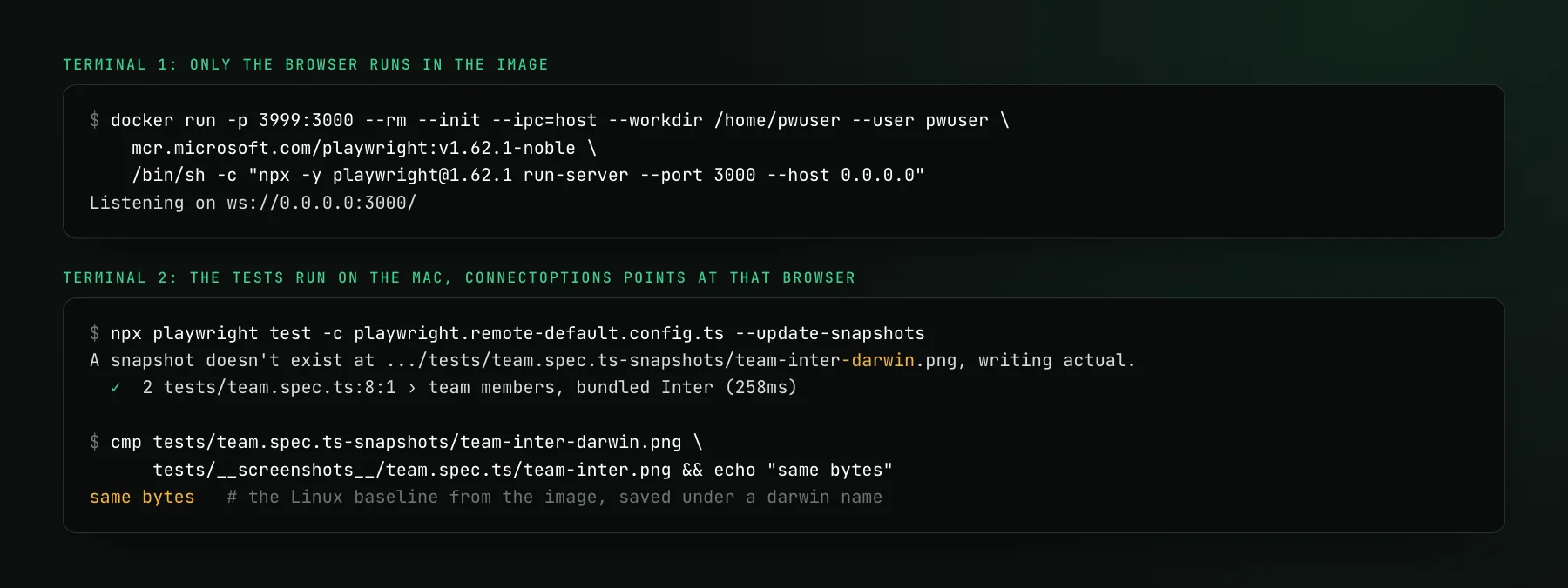 Terminal 1 starts playwright run-server version 1.62.1 in the Playwright image, listening on port 3000. Terminal 2 runs the tests on the Mac with update snapshots, writing team-inter-darwin.png, then cmp shows that file has the same bytes as the baseline written inside the container.