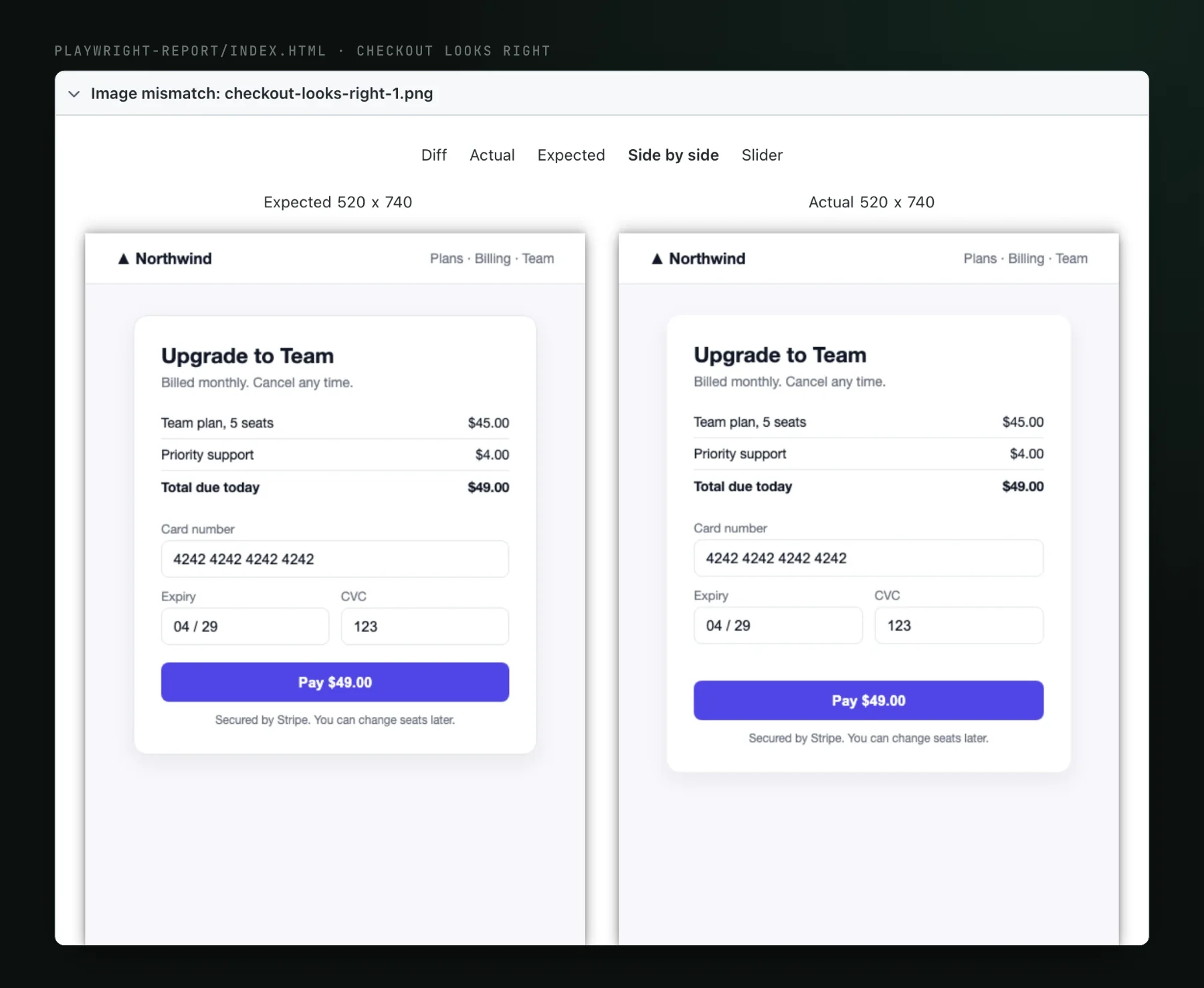 The Playwright HTML report's Image mismatch panel in Side by side mode: the expected and actual checkout pages, where the Pay button sits lower in the actual one.
