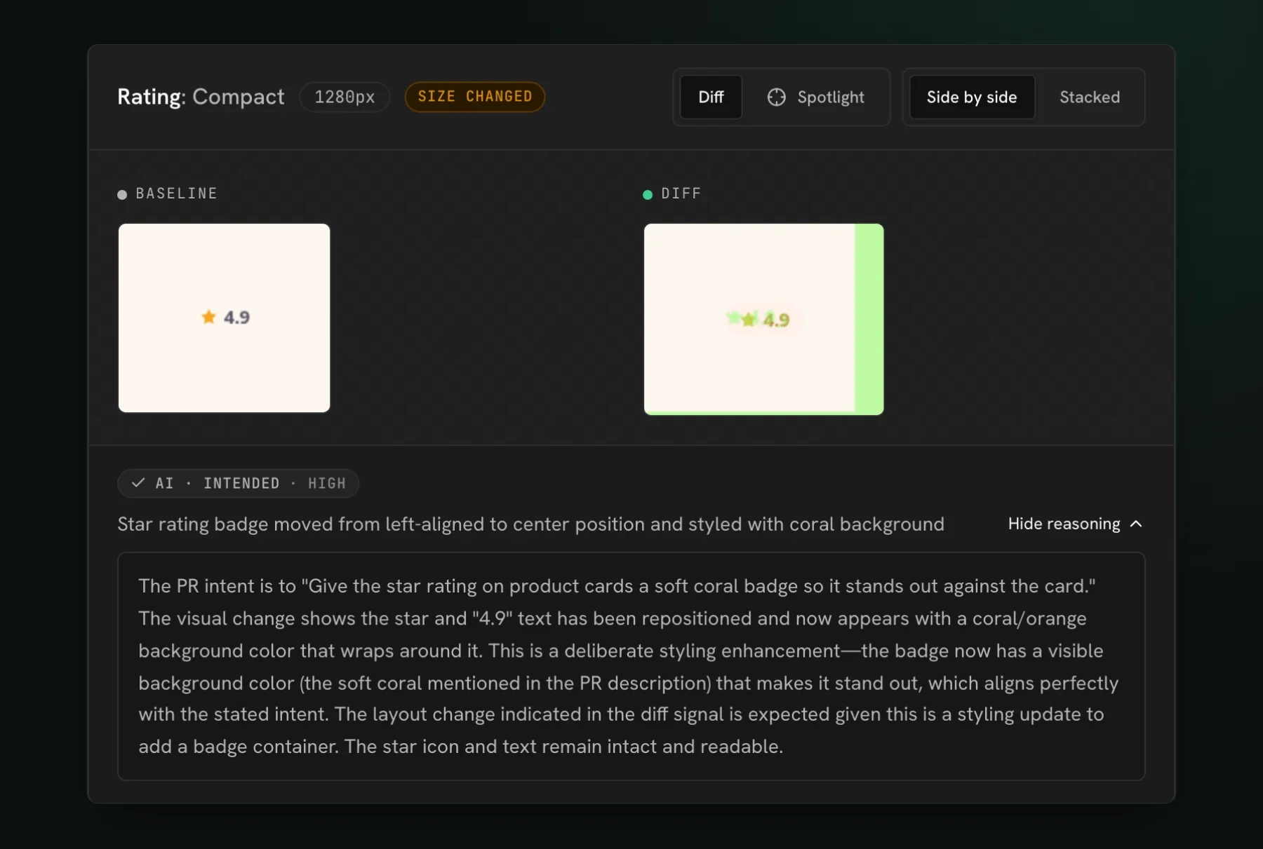 A dark-mode UI Verify review of a rating badge that moved from left-aligned to centered and gained a coral background, with an AI verdict of intended, high confidence, and reasoning that cites the PR description.