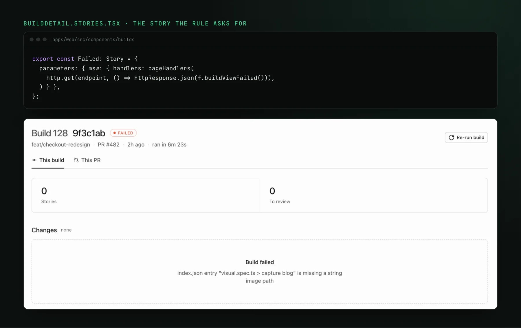 The Failed story export from BuildDetail.stories.tsx, which serves a failed-build fixture through an MSW handler, above its render: a build page with a FAILED badge, zero stories and a Build failed panel explaining the error.