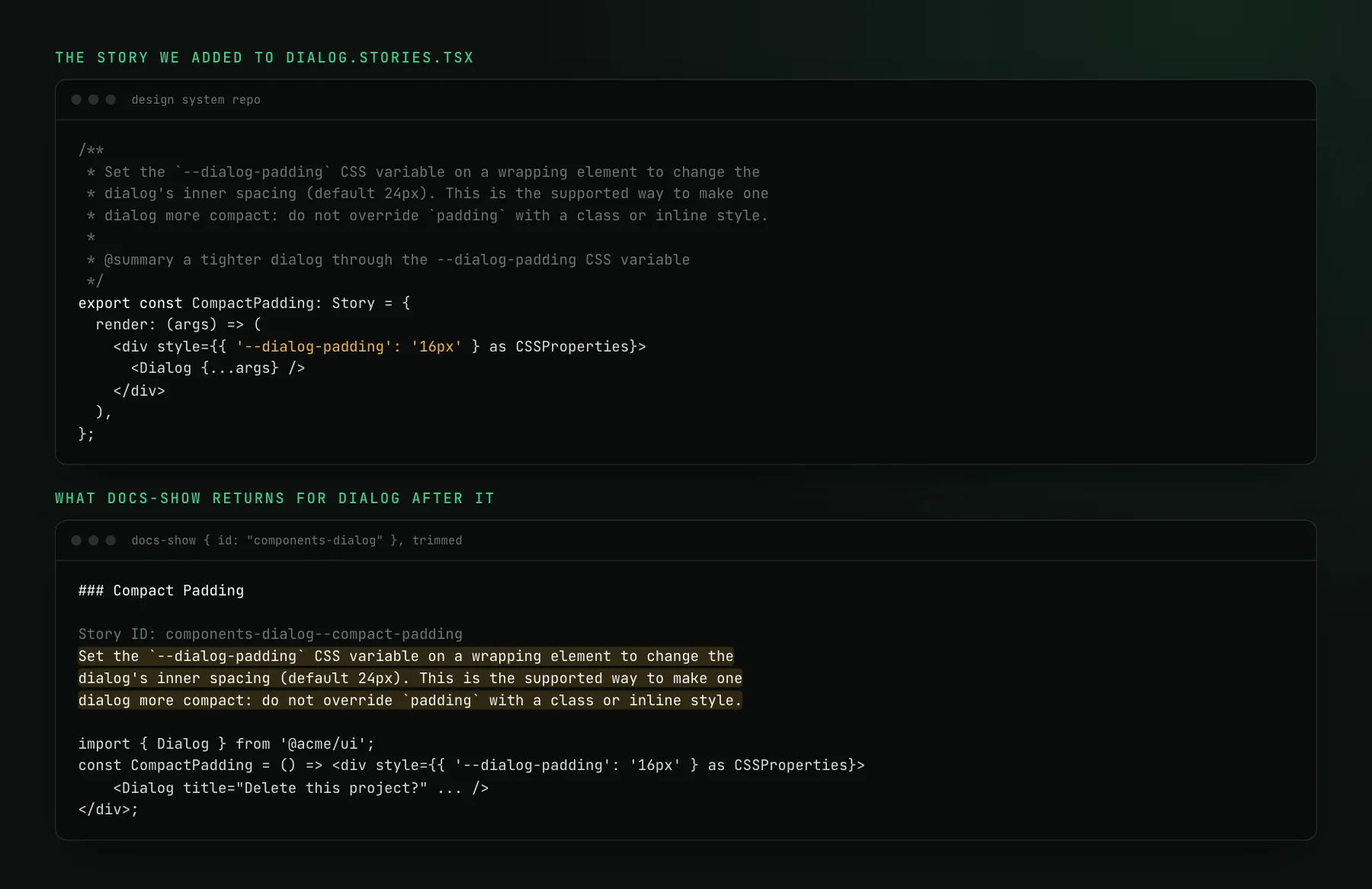 Top, a CompactPadding story with a JSDoc comment explaining that setting the --dialog-padding CSS variable on a wrapping element changes the inner spacing, and that padding should not be overridden. Bottom, the docs-show response for Dialog, where the same comment and a snippet with the CSS variable now appear under a Compact Padding heading.