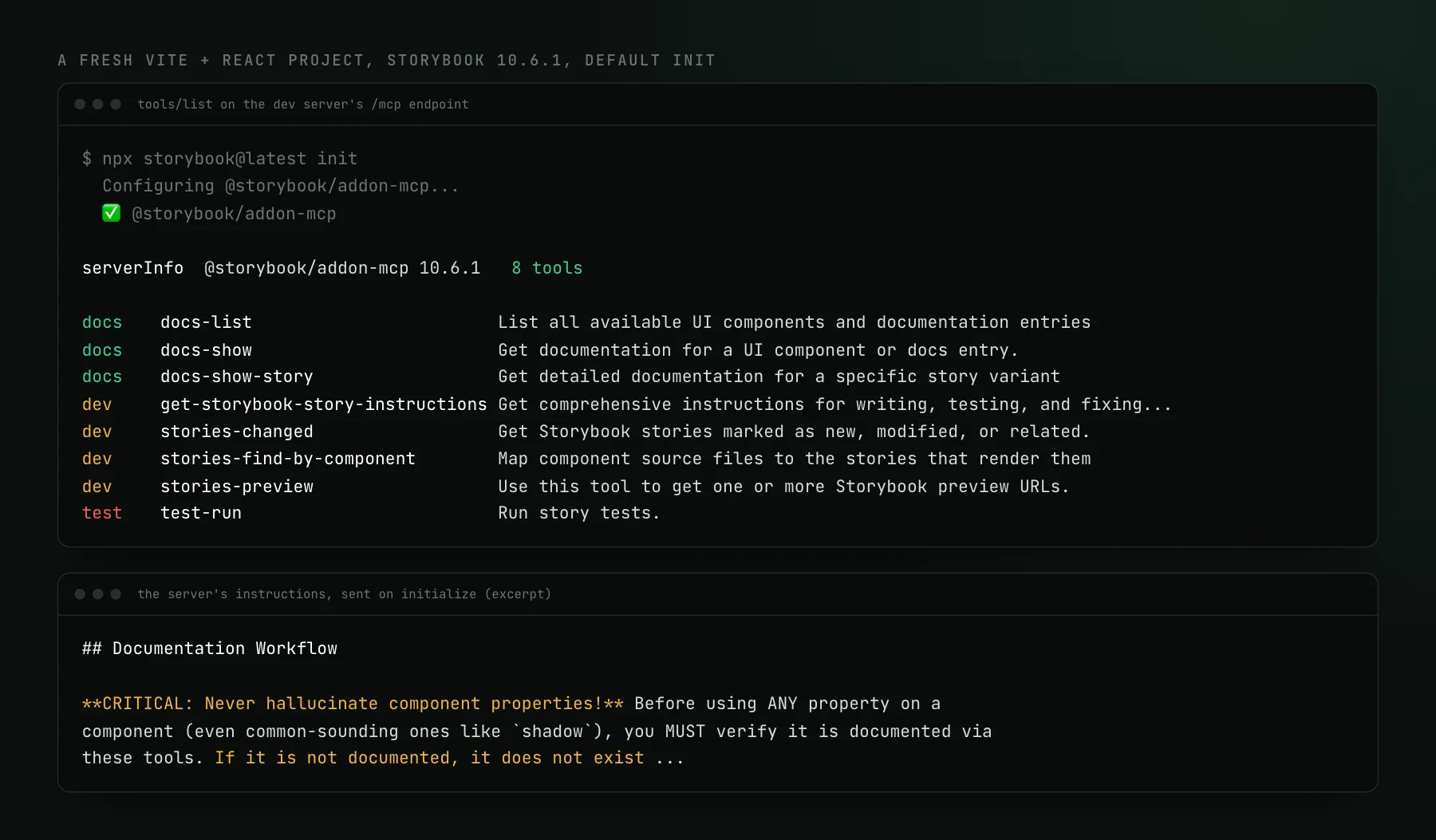 Terminal output: storybook init configuring @storybook/addon-mcp, then a tools/list call returning eight tools grouped by toolset, docs-list, docs-show and docs-show-story under docs, four story tools under dev, and test-run under test. Below, an excerpt of the server's instructions saying never to hallucinate component properties and that if it is not documented, it does not exist.
