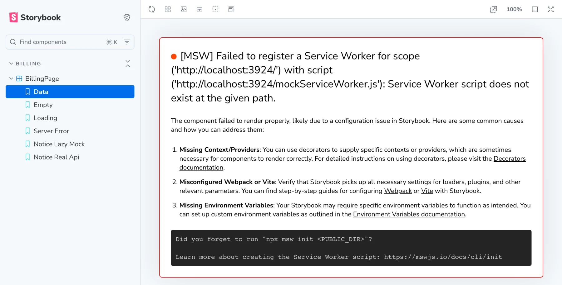 Storybook showing the Data story of a billing page failing with the error: MSW failed to register a Service Worker for scope localhost:3924 with script mockServiceWorker.js, Service Worker script does not exist at the given path, followed by a hint asking whether you forgot to run npx msw init.