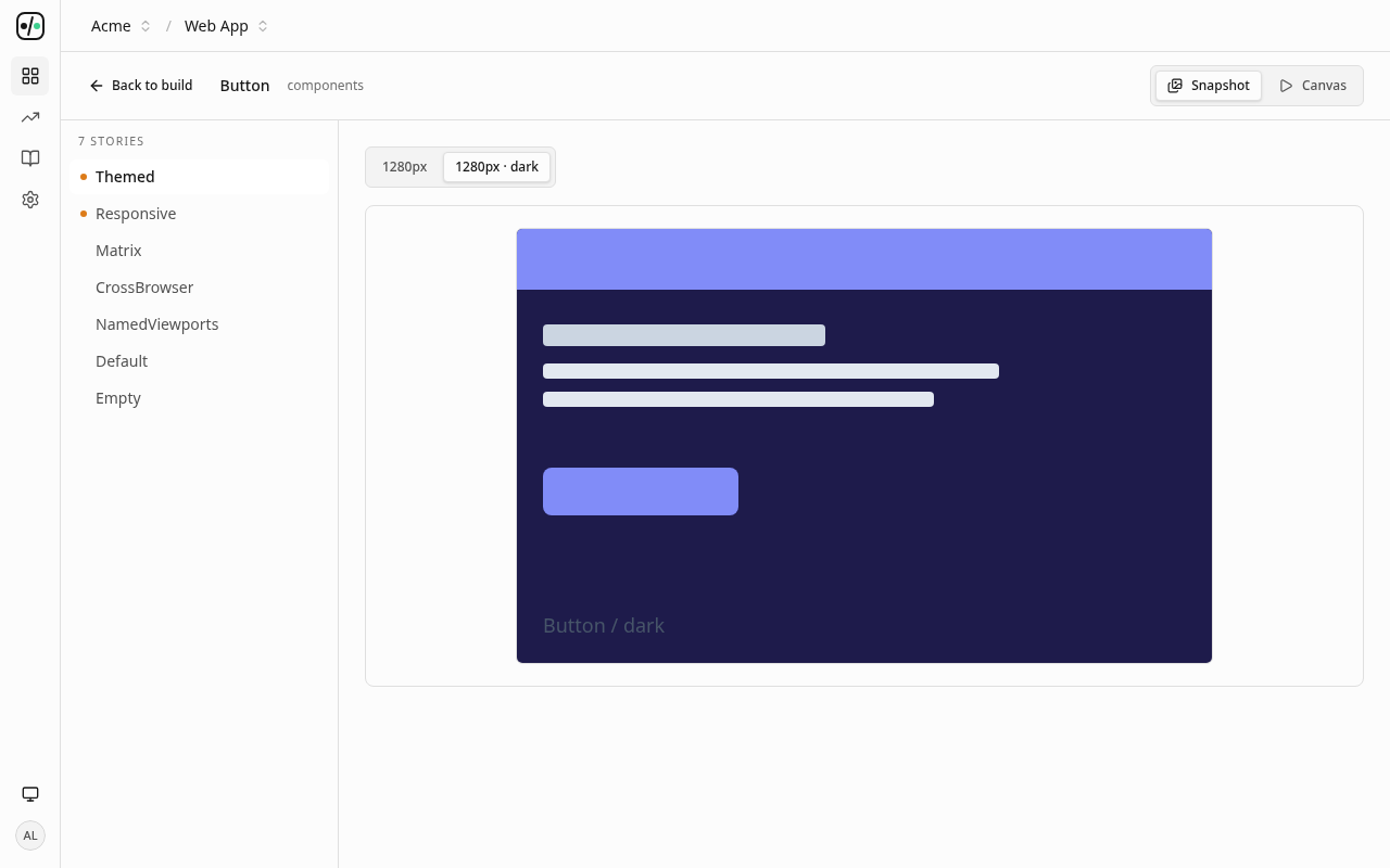 The UI Verify component view for a Button, with two mode tabs, 1280px and 1280px dark, the dark mode selected and the button rendered on a dark surface.