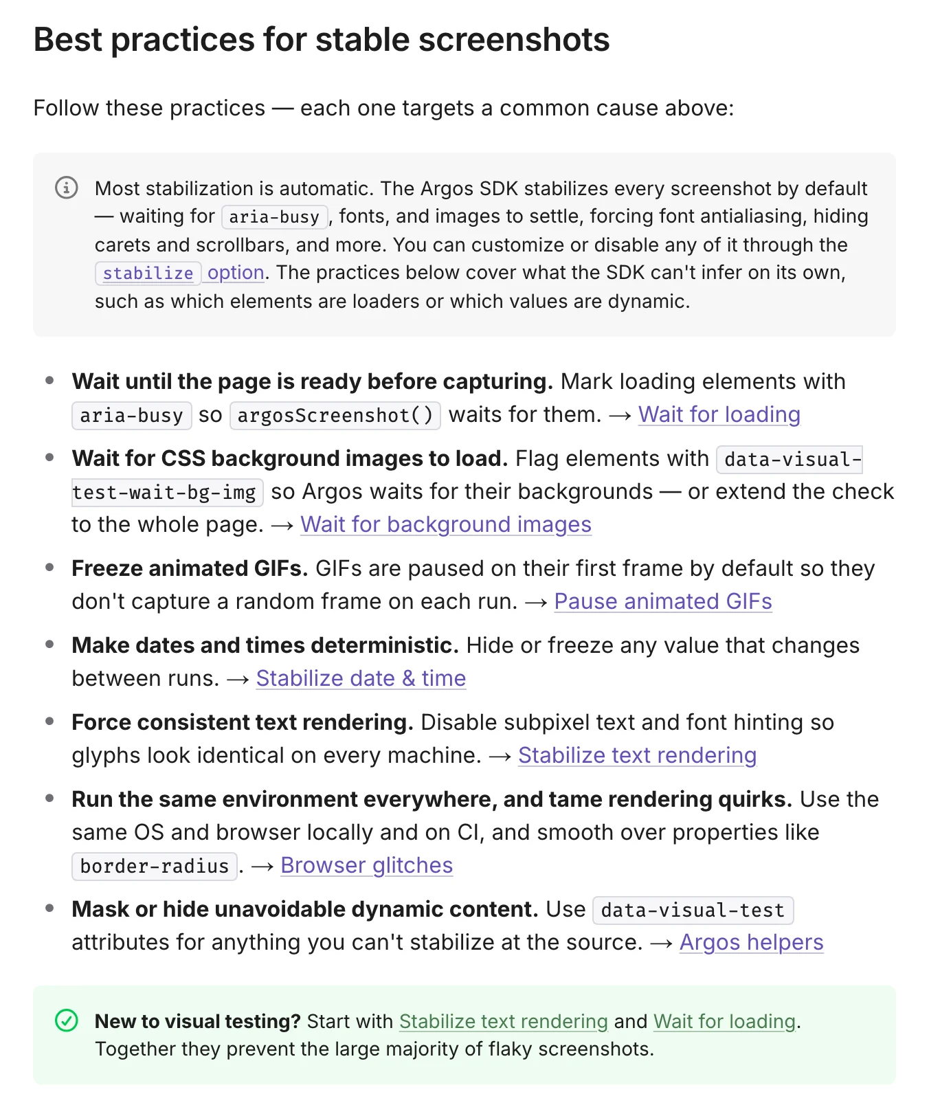 The Argos documentation section Best practices for stable screenshots, noting that the SDK stabilizes fonts, images, carets, and scrollbars by default, followed by a checklist: wait for loading, wait for background images, freeze GIFs, make dates deterministic, force consistent text rendering, run the same environment, and mask dynamic content.