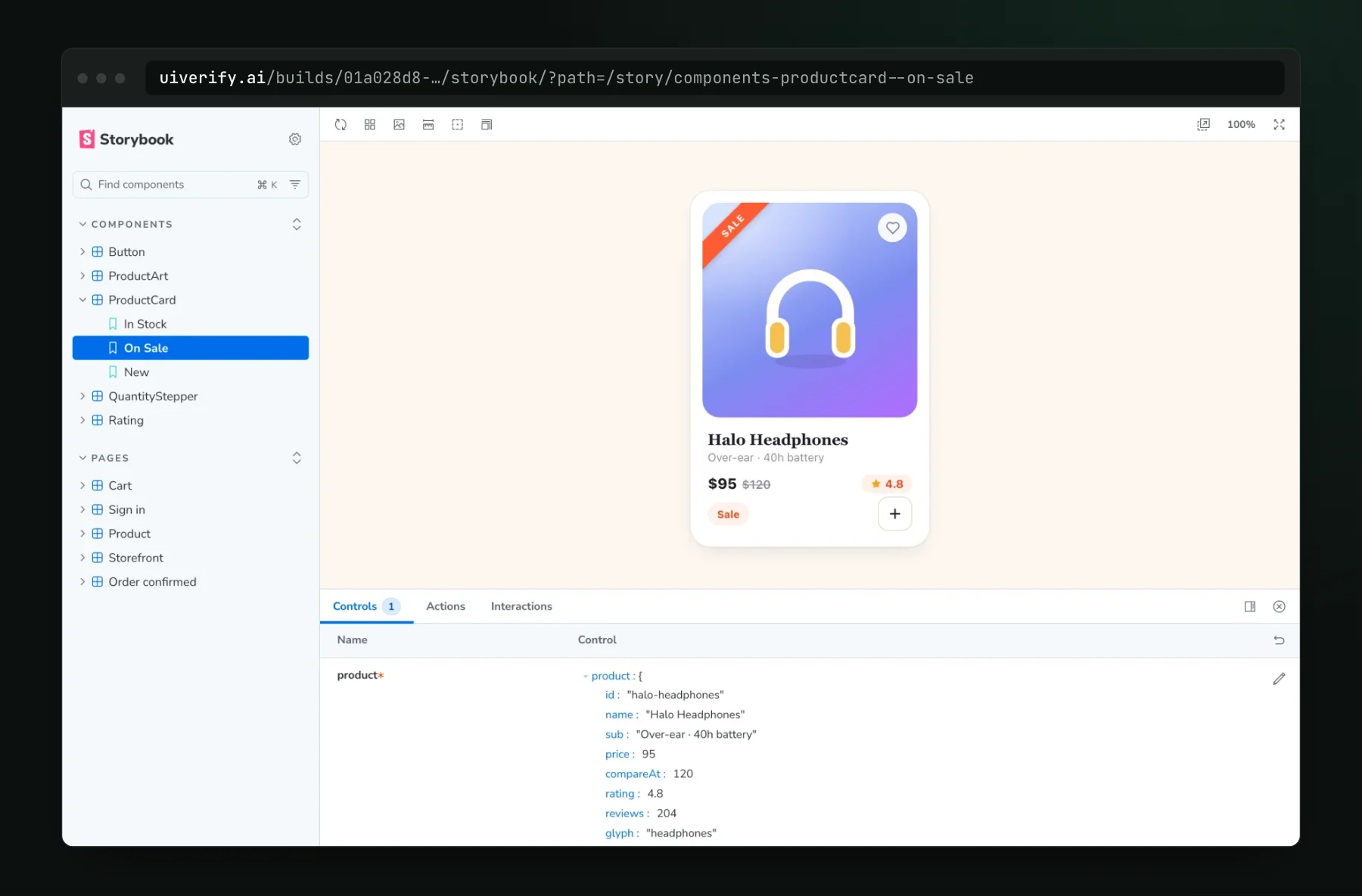 A browser window at uiverify.ai showing a hosted Storybook for a demo build, with the ProductCard On Sale story selected and its controls panel open.