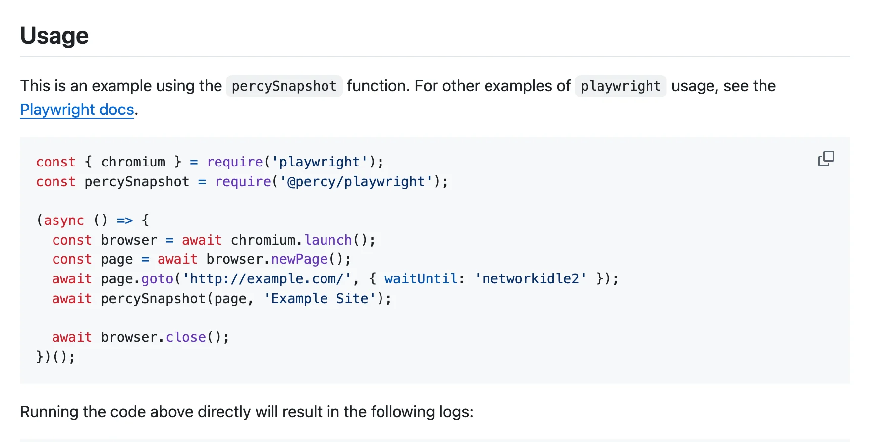 The Usage section of the Percy Playwright README: a script that launches Chromium, opens a page, and calls percySnapshot(page, 'Example Site').