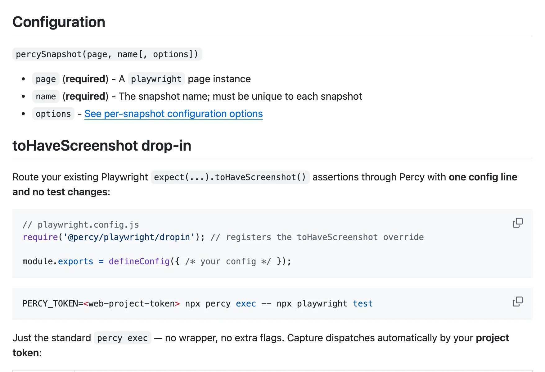 The Configuration and toHaveScreenshot drop-in sections of the Percy Playwright README, showing a one-line require in playwright.config.js and a percy exec command.