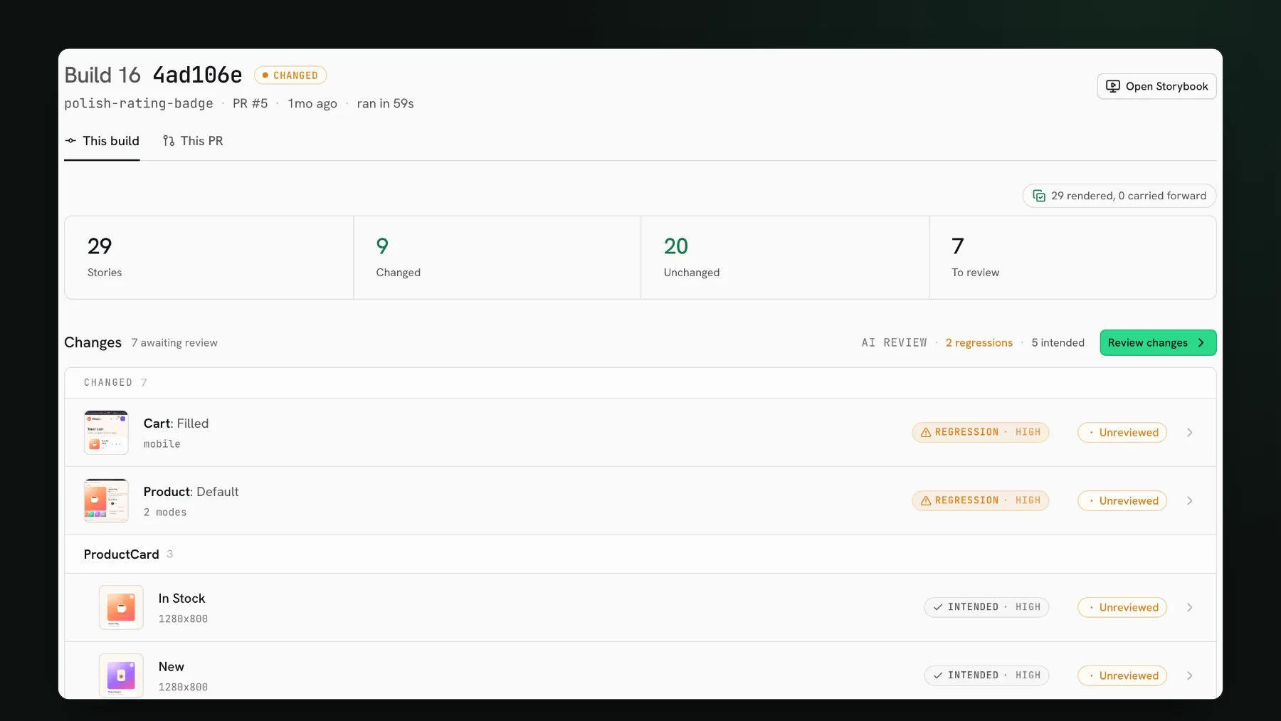 A UI Verify build page for a demo pull request: 29 stories, 9 changed, 7 to review, ran in 59 seconds, with the AI review already split into 2 regressions and 5 intended.