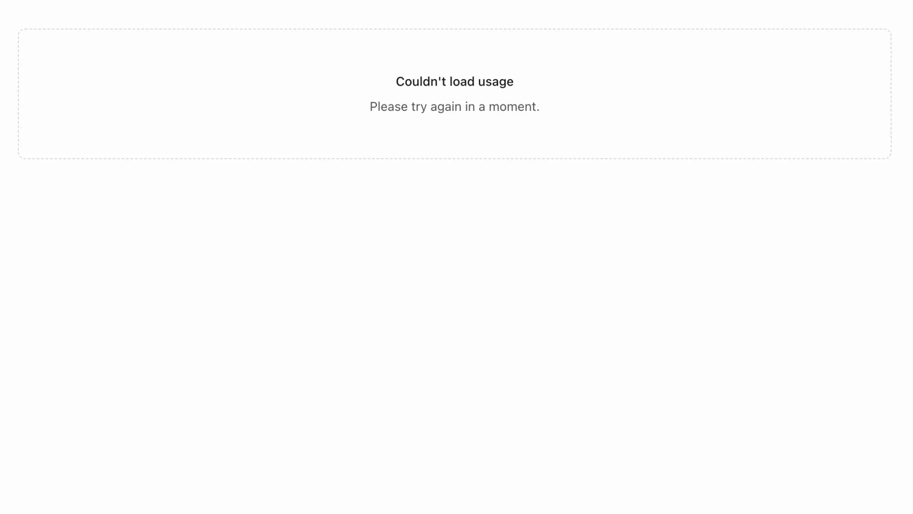 The team usage page in its error state: a panel reading Couldn't load usage, please try again in a moment.