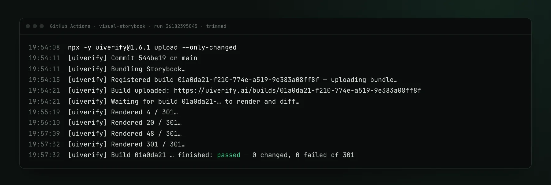 GitHub Actions log of npx uiverify upload: it bundles Storybook, uploads the bundle, then waits while the build renders 301 of 301 stories and finishes as passed with 0 changed.