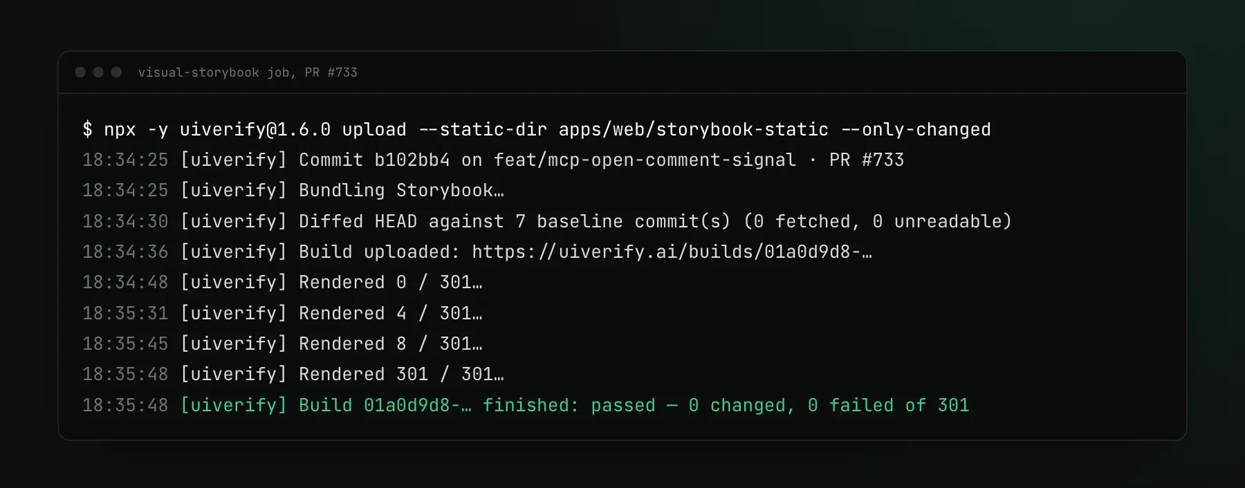 CI log of the uiverify upload command on a pull request in this repo: the Storybook is bundled and uploaded at 18:34, 8 of 301 stories render, the rest are carried forward, and at 18:35:48 the build finishes passed with 0 changed and 0 failed of 301.