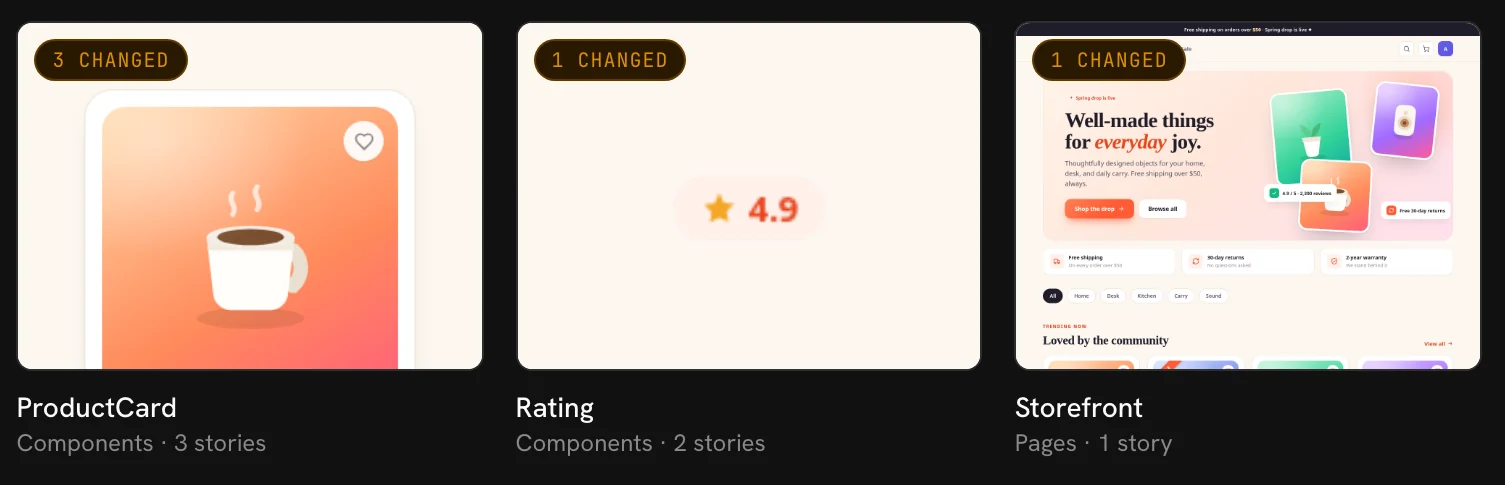 Three component tiles from a UI Verify build of a demo storefront: ProductCard with 3 changed, Rating with 1 changed, and the Storefront page with 1 changed.